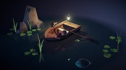 Boy in a Boat lantern, rocks, night, water, logo, substance, lowpoly, cinema4d, dark, leaves, light, boat, noai