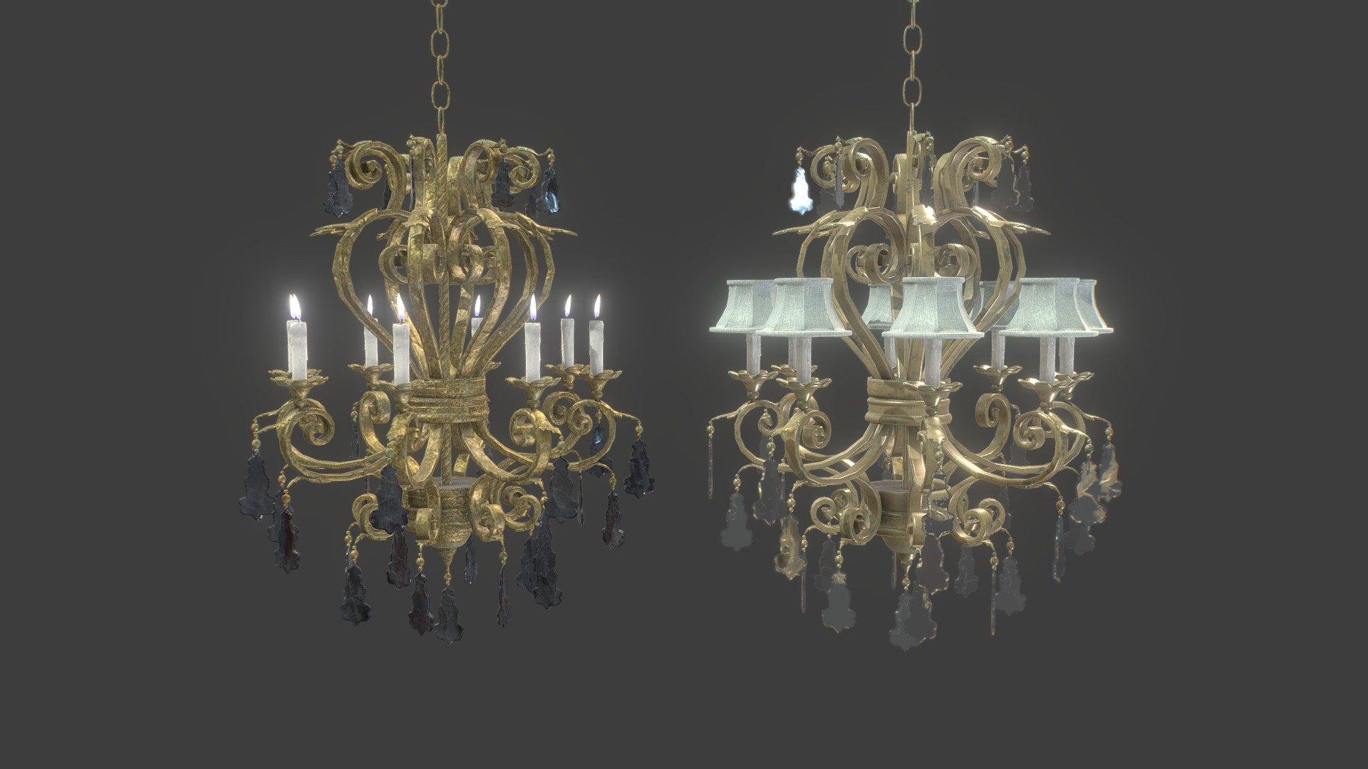 Check out my website for more products and better deals! &gt;&gt; SM5 by Heledahn &lt;&lt;


This is a digital 3d model of a Victorian/Gothic style chandelier. It comes with two color variations: Victorian and Fantasy.

The Victorian variation has small cloth lamp shades covering the candles, and clean glass pendants hanging from the arms. 

The Fantasy variation has a rough metal with a hand-made quality to it and a stronger antique look. This variations carries no shades, and leaves the candles exposed. The pendants are black onyx stones cut in a rough uneven way.

(TIF HEIGHT MAP TEXTURES ONLY FOR SALE IN MY WEBSITE 🔼)

This model can be used for any Period themed render project, used either as a background prop, or as a closeup prop due to its high detail and visual quality.

This product will achieve realistic results in your rendering projects and animations, being greatly suited for close-ups due to their high quality topology and PBR shading 3d model