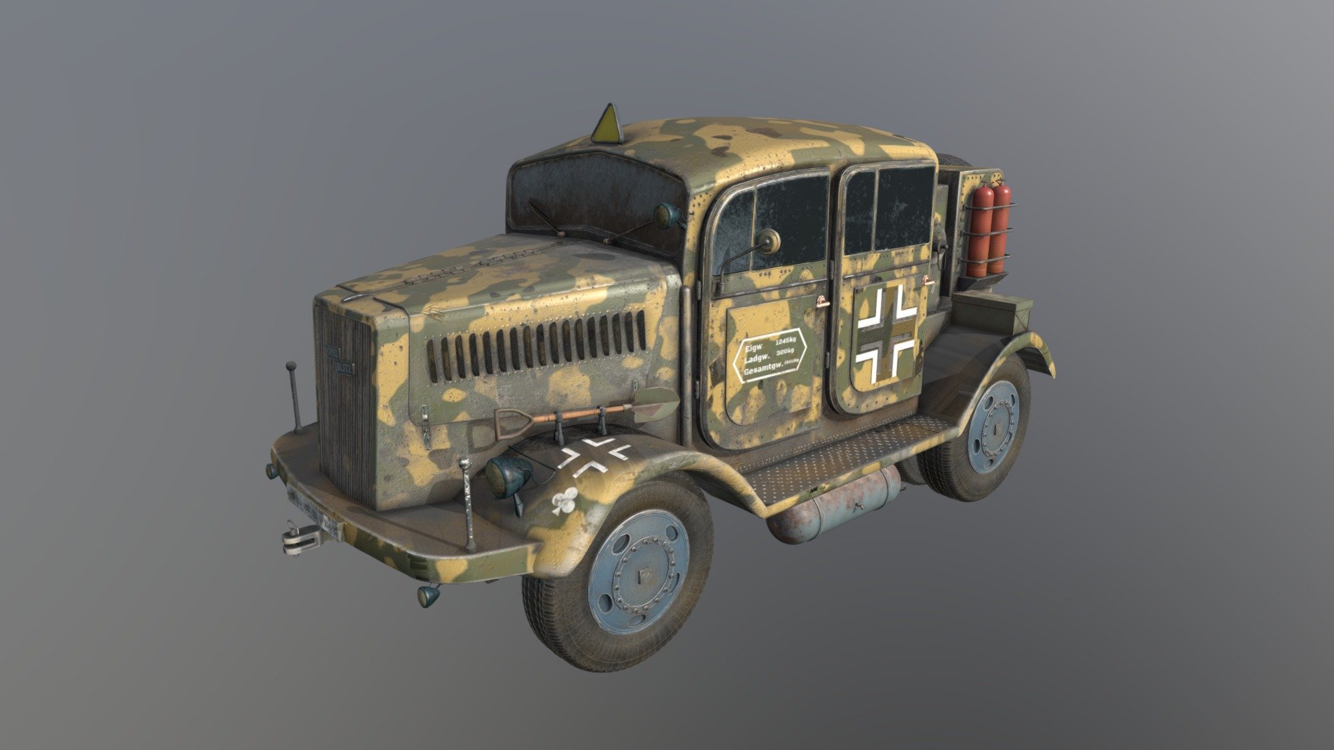 Opel Blitz truck - V2 rocket variantion with cammo.
Game ready model for unreal, unity engine. For scenes, videos, games.
Wheels with origins for animations
2k PBR  textures in substance painter - Opel Blitz truck - V2 rocket typ with cammo - Buy Royalty Free 3D model by Thomas Binder (@bindertom61) 3d model