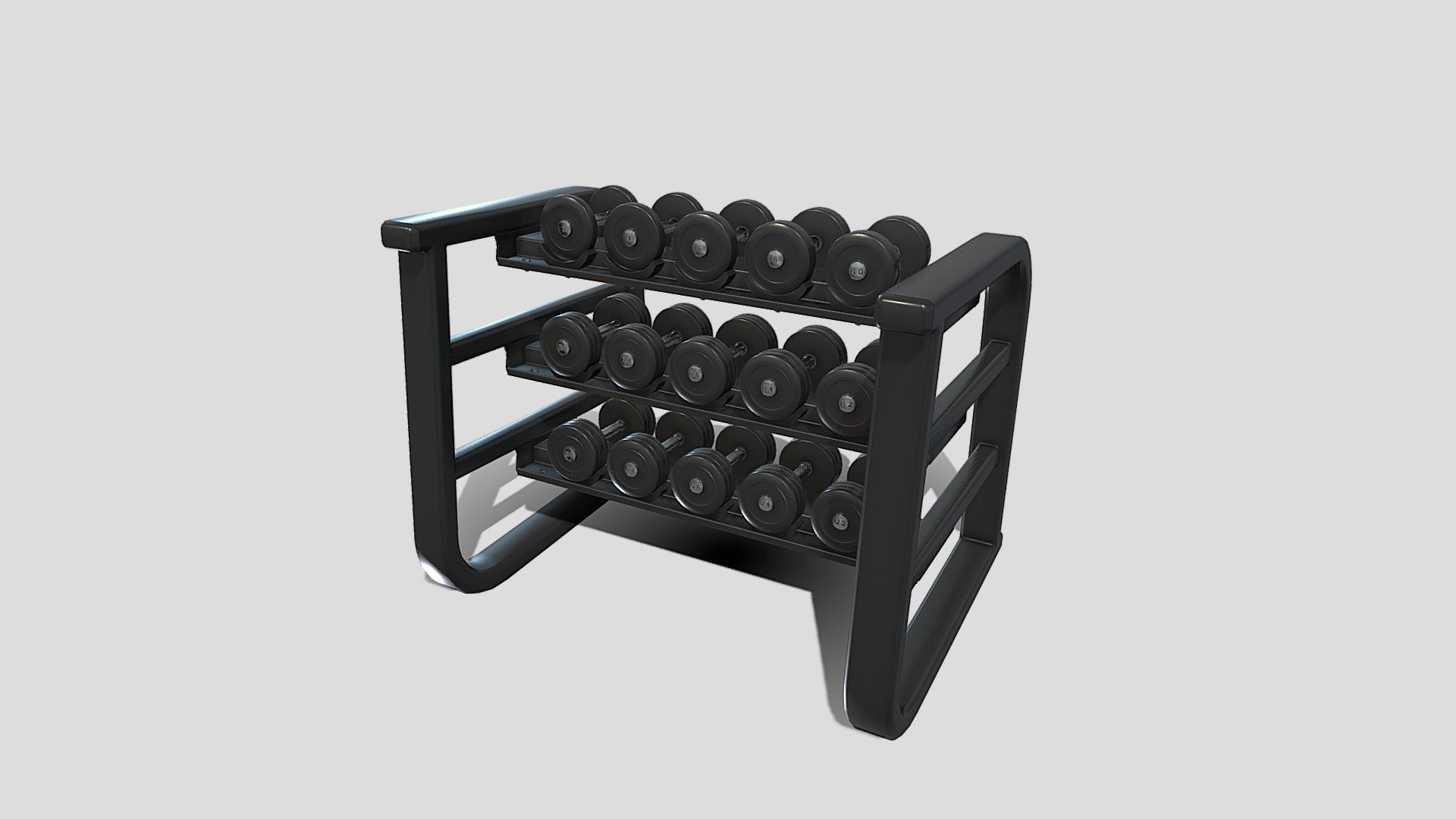 Gym machine 3d model built to real size, rendered with Cycles in Blender, as per seen on attached images. 

File formats:
-.blend, rendered with cycles, as seen in the images;
-.obj, with materials applied;
-.dae, with materials applied;
-.fbx, with materials applied;
-.stl;

Files come named appropriately and split by file format.

3D Software:
The 3D model was originally created in Blender 3.1 and rendered with Cycles.

Materials and textures:
The models have materials applied in all formats, and are ready to import and render.
Materials are image based using PBR, the model comes with five 4k png image textures.

Preview scenes:
The preview images are rendered in Blender using its built-in render engine &lsquo;Cycles'.
Note that the blend files come directly with the rendering scene included and the render command will generate the exact result as seen in previews.

General:
The models are built mostly out of quads.

For any problems please feel free to contact me.

Don't forget to rate and enjoy! - Dumbbell rack v1 - Buy Royalty Free 3D model by dragosburian 3d model