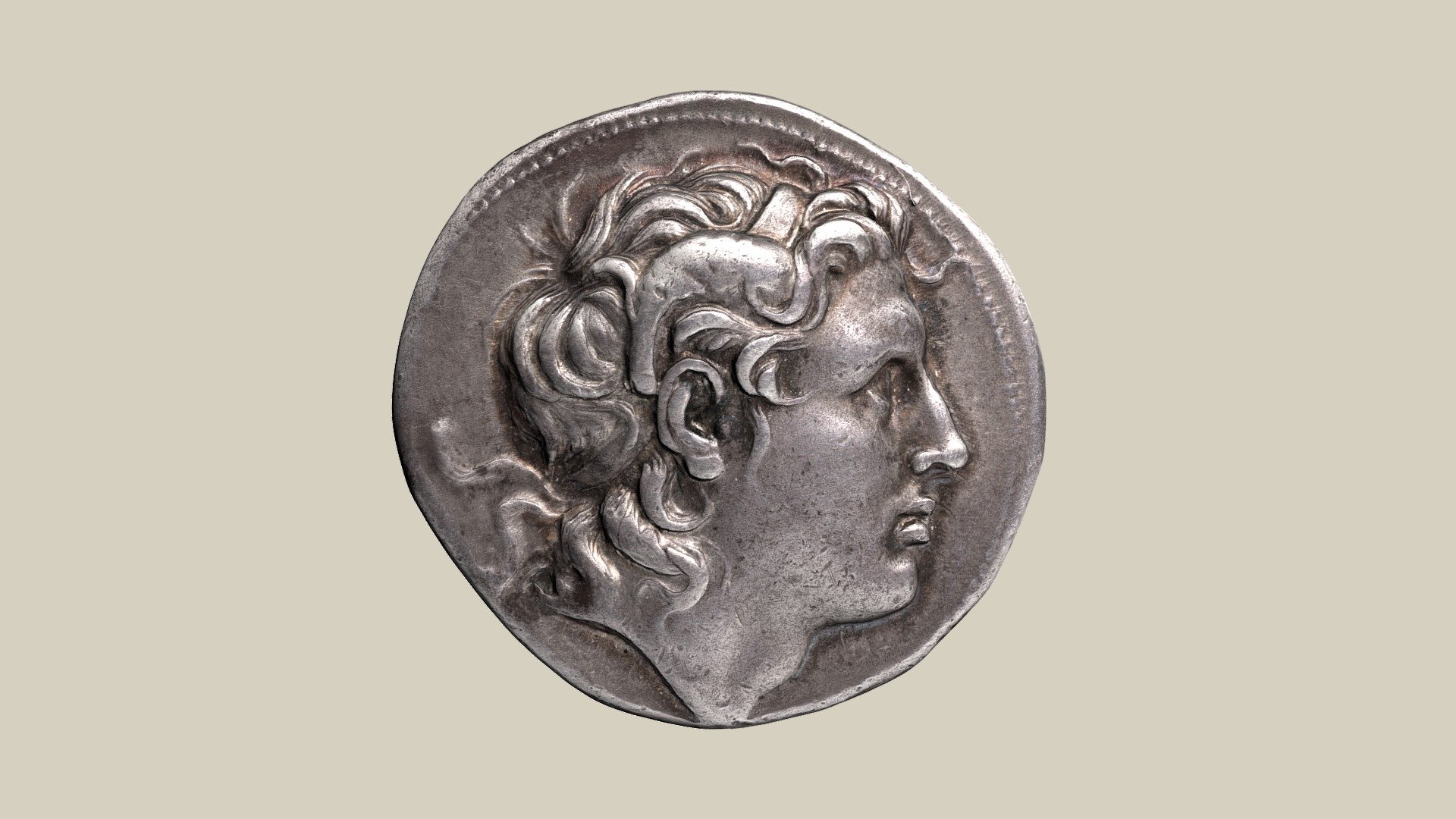 Tetradrachm with the head of Alexander the Great with Ammon's horn and diadem looking to the right. On the reverse, Athena Nikephoros sits in armor with shield and spear. Athena's nickname &ldquo;Nikephoros