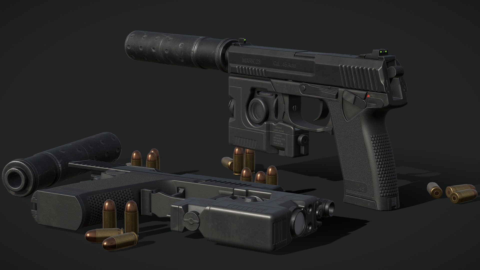 Parts are separated to ease rigging. Parts include




Frame

Barrel

Magazine

Magazine release

.45 Cartridge

Hammer

Cocking lever

Safety

Suppressor

Laser Aiming Module

Trigger

Slide stop

Textures included:




4K, 2K gun textures

2K, 1K attachments textures

Unreal packed textures

4K gun 2K attachment baked textures for custom texturing

Also comes with a blend file that includes the basemesh, lowpoly and highpoly 3d model