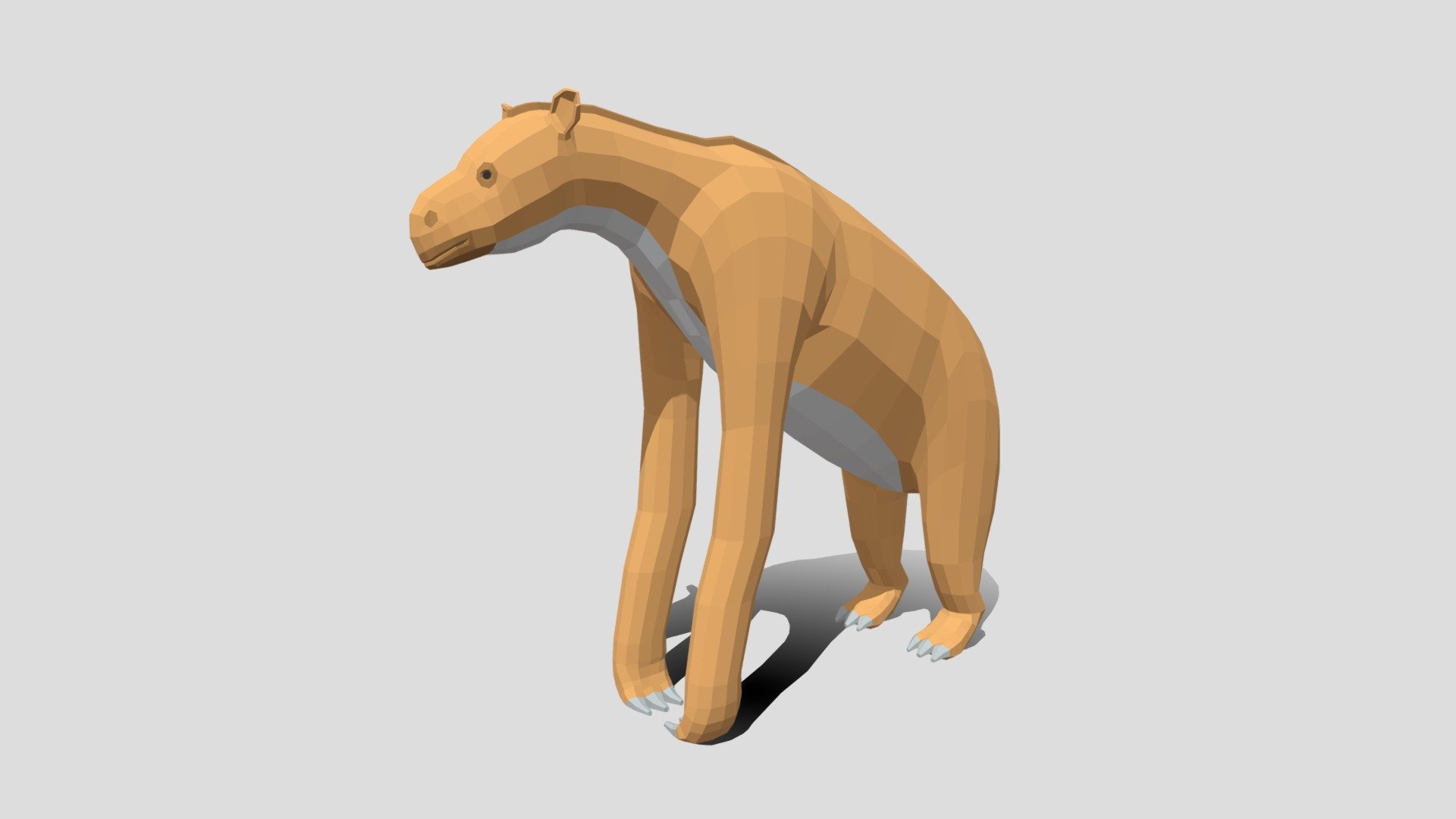 This is a low poly 3D model of a Chalicotherium. The low poly Chalicotherium was modeled and prepared for low-poly style renderings, background, general CG visualization presented as 1 mesh with quads only.

Verts : 1.516 Faces : 1.514.

The 3D model have simple materials with diffuse colors.

No ring, maps and no UVW mapping is available.

The original file was created in blender. You will receive a 3DS, OBJ, FBX, blend, DAE, Stl, gLTF.

All preview images were rendered with Blender Cycles. Product is ready to render out-of-the-box. Please note that the lights, cameras, and background is only included in the .blend file. The model is clean and alone in the other provided files, centred at origin and has real-world scale 3d model