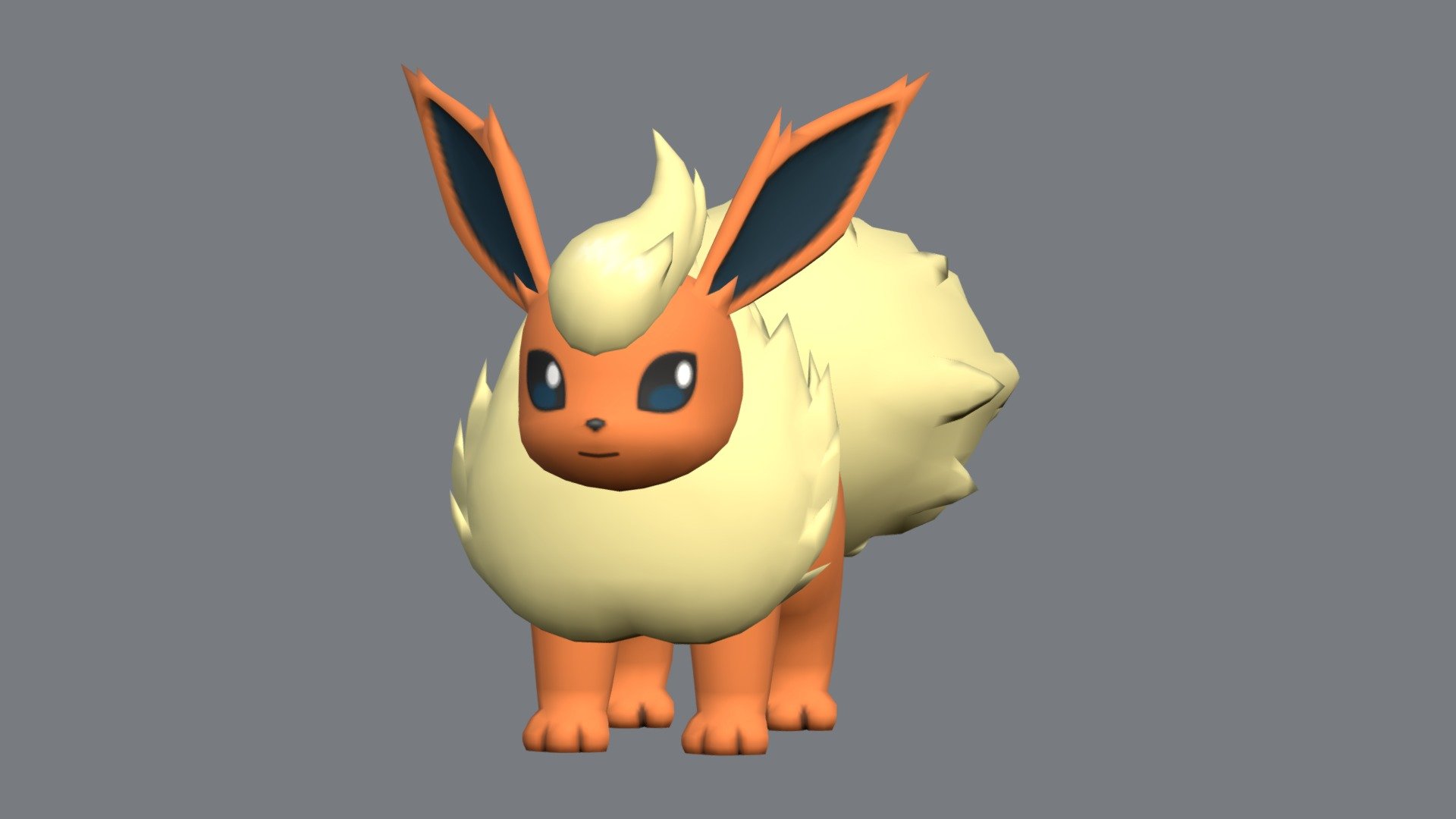Flareon is a mammalian, quadrupedal Pokémon covered in short, reddish-orange fur. It has long ears with black interiors, dark eyes, and a small black nose. There are three small toes and a yellow paw pad on each foot. Fluffy yellow fur forms a small tuft on its head, as well as its bushy tail and a mane around its chest and neck.

Flareon's body temperature is caused by its internal flame sac, and rises when it is excited. If its body gets too hot, it will fluff out the fur on its collar to cool down. Flareon stores and heats inhaled air in its flame sac, and then exhales it as fire with temperatures of around 3,100 °F (1,700 °C). Flareon's average body temperature is around 1,300-1,500 °F (700-800 °C), but it can reach 1,700 °F (900 °C). It is an omnivore that roasts either Berries or prey before consumption. Flareon has a curious personality, and is mostly found in populated areas, rarely seen in the wilderness - Flareon - Download Free 3D model by drewsdigitaldesigns 3d model