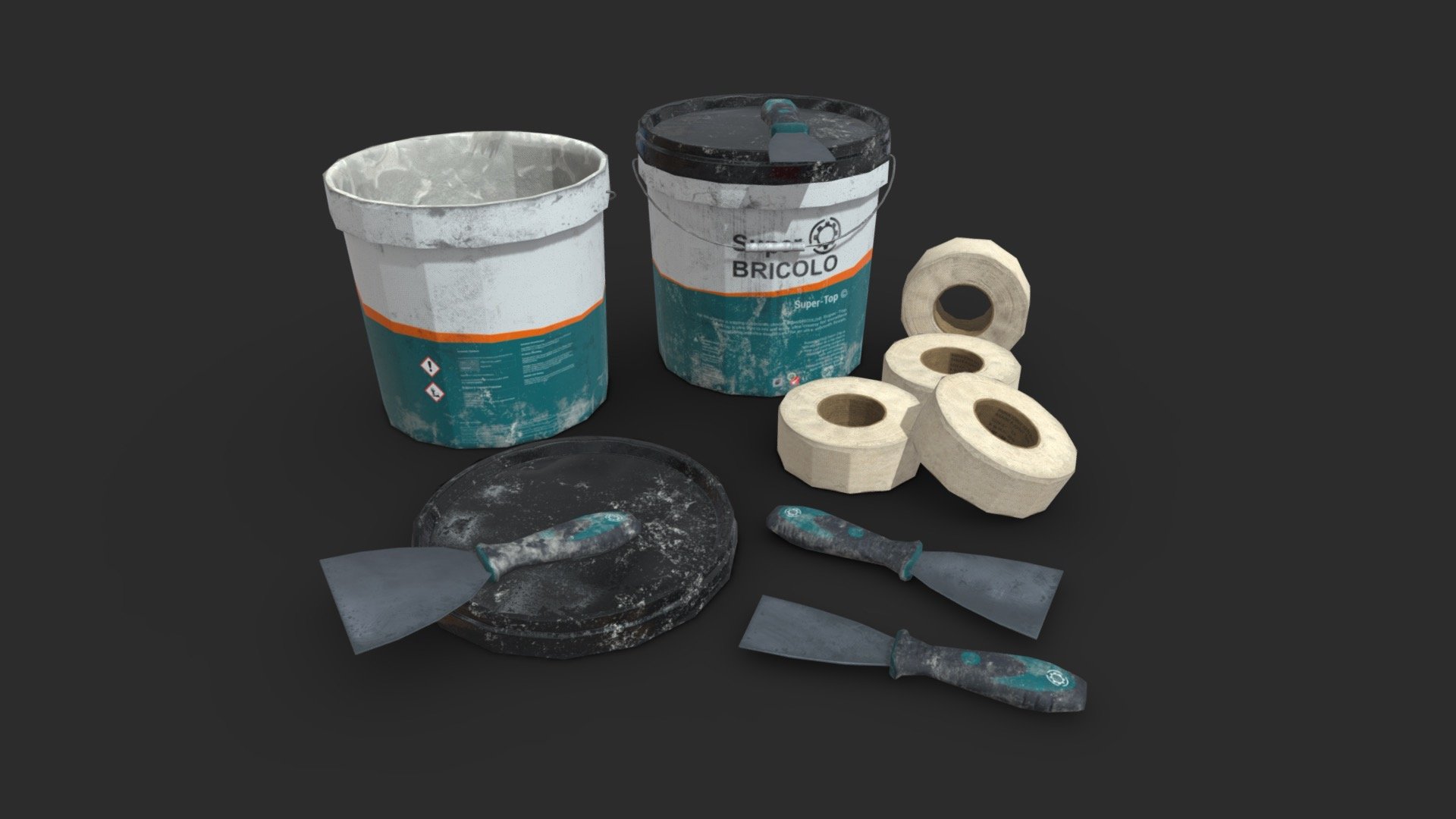 This Plaster tools and bucket set includes 4 LODs and colliders. This set includes 6 individual objects (bucket &amp; lib, joint roller &amp; knifes), the set also includes 4 prefab assets. Those tools elements are ready for game and available in lowpoly and PBR ready.

The assets are available in realistic style and can be used in any game (post-apo, first person shooter, GTA like, construction… ). All objects share a unique material for the best optimization for games.

Low-poly model &amp; Blender native 2.93

SPECIFICATIONS




Objects : 6

Polygons : 830

Subdivision ready : No

Render engine : Eevee (Cycles ready)

GAME SPECS




LODs : Yes (inside FBX for Unity &amp; Unreal)

Numbers of LODs : 4

Collider : Yes

EXPORTED FORMATS




FBX

Collada

OBJ

GLTF

TEXTURES




Materials in scene : 1

Textures sizes : 4K

Textures types : Base Color, Metallic, Roughness, Normal (DirectX &amp; OpenGL), Heigh &amp; AO (also Unity &amp; Unreal ARM workflow maps)

Textures format : PNG
 - Top Coat Bucket and Tools - Buy Royalty Free 3D model by KangaroOz 3D (@KangaroOz-3D) 3d model