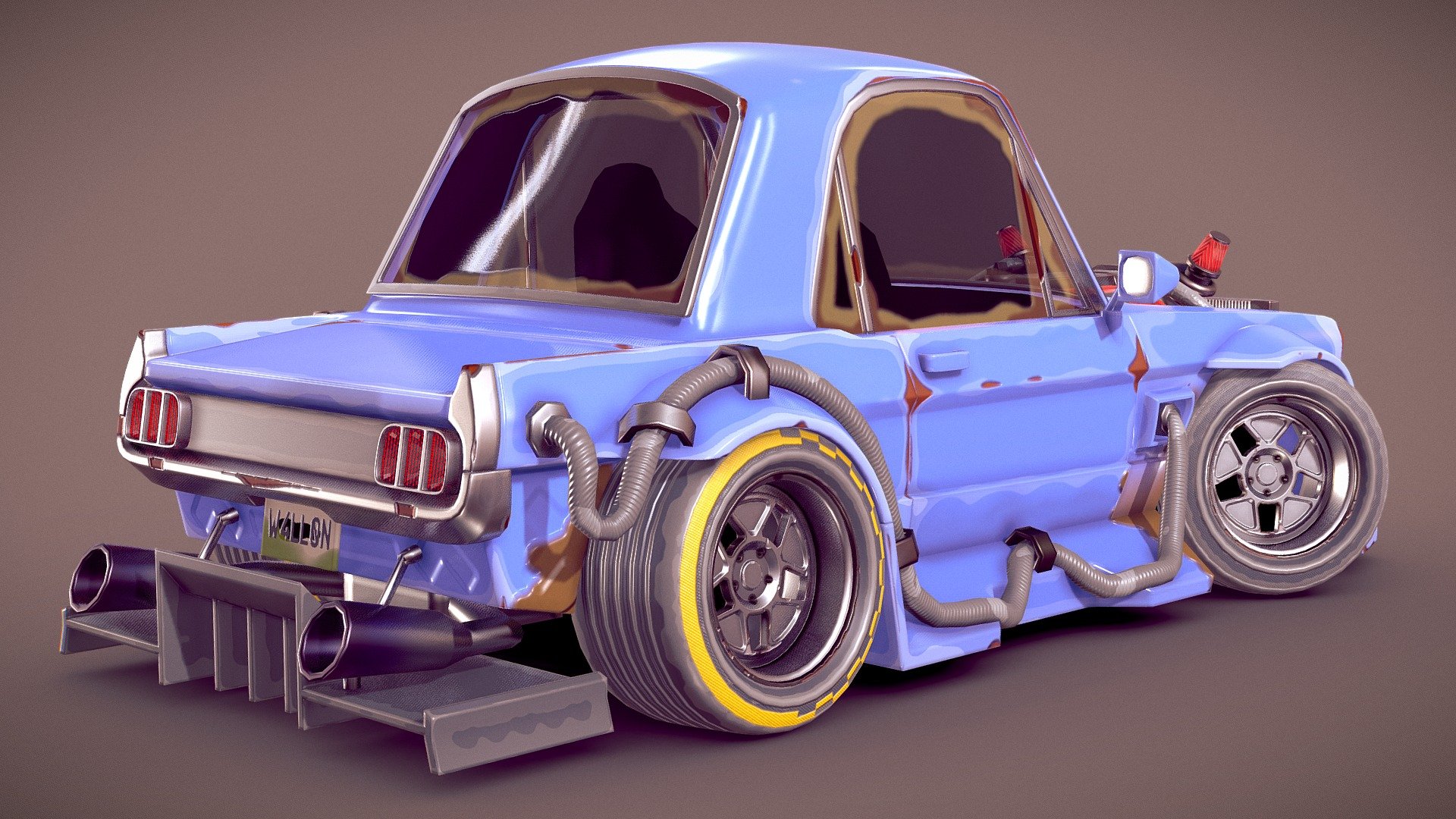 The model is based off of a 1965 Mustang, and the texture was inspired by Fortnite. Unfortunately, this model is not for free download, as it is not optimized. However, look out for more free models in this style in the future, thanks 3d model
