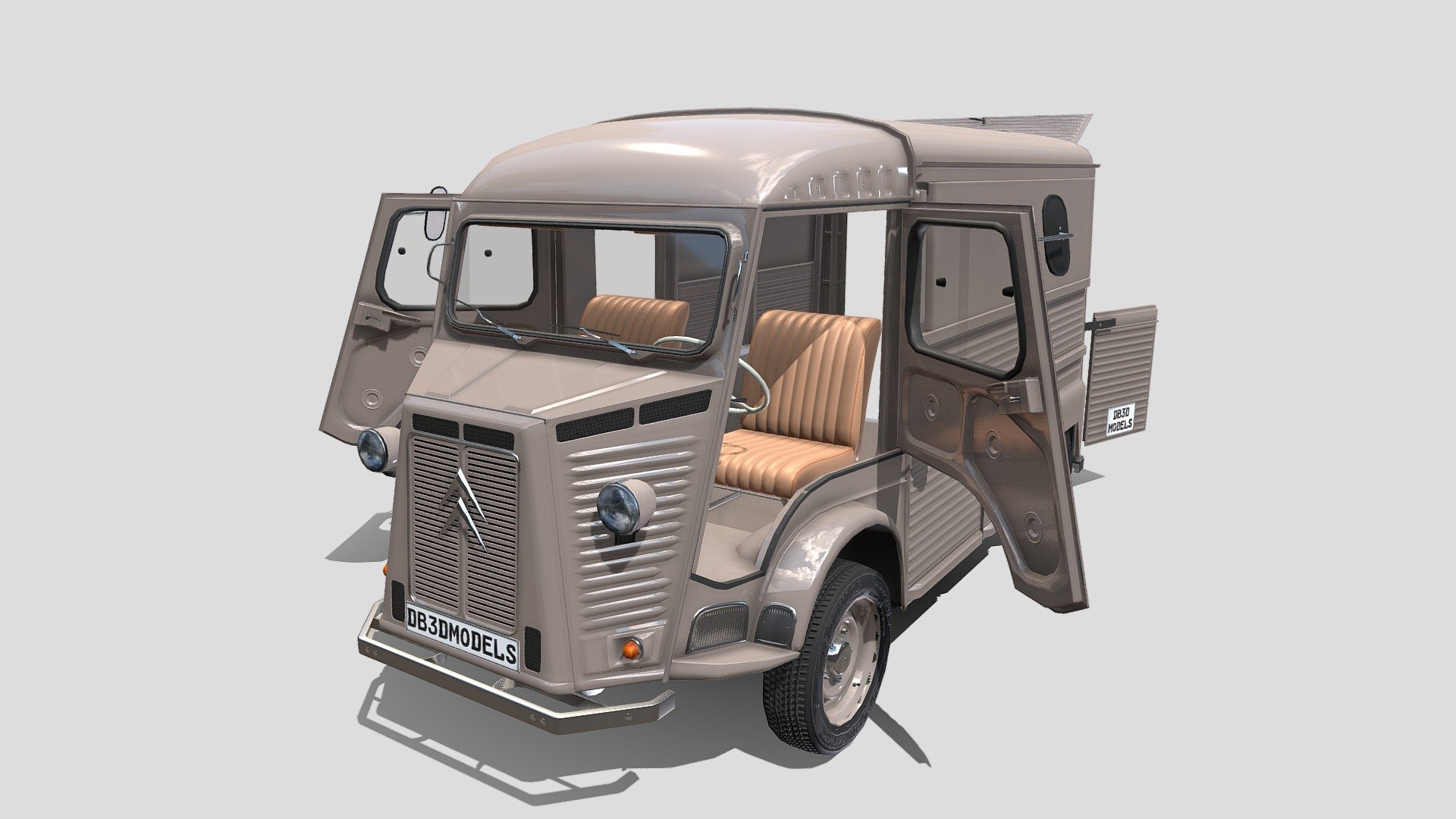 Highly detailed Citroen HY 3D model rendered with Cycles in Blender, as per seen on attached images.

The model is very intricately built, it has the interior modeled, with the rear cargo area, and a simple underbody built as well. 

The 3d model is scaled to original size in Blender.

File formats:

-.blend, rendered with cycles, as seen in the images;

-.blend, rendered with cycles, as seen in the images, with doors open;

-.obj, with materials applied;

-.obj, with materials applied, with doors open;

-.dae, with materials applied;

-.dae, with materials applied, with doors open;

-.fbx, with materials applied;

-.fbx, with materials applied, with doors open;

-.stl;

-.stl, with doors open;

Files come named appropriately and split by file format.

3D Software:

The 3D model was originally created in Blender 3.1 and rendered with Cycles 3d model