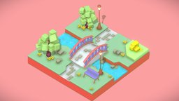 Isometric Low Poly Park tree, landscape, river, park, nature, isometric, 3d, lowpoly