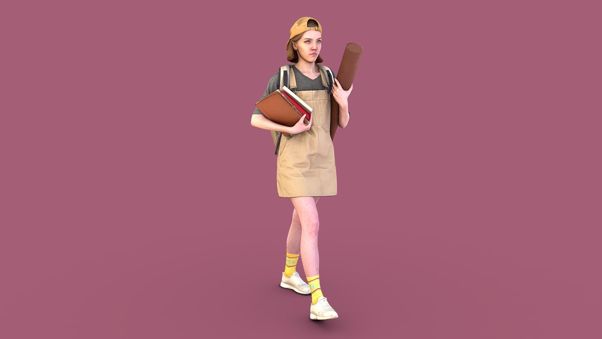 Follow us on Instagram ❤️

✉️ A young petite fair-skinned girl walks forward with books in her hands and a backpack on her shoulders. She is wearing a short denim dress, cap, colored high socks and sneakers. She holds a stack of books and an iPad in one hand, and a brown leather blueprint tube in the other.

🦾 This model will be an excellent mid-range participant. It does not need to be very close and try to see the details, it reveals and demonstrates its texture as much as possible in case of a certain distance from the foreground.

⚙️ Photorealistic Casual Character 3d model ready for Virtual Reality (VR), Augmented Reality (AR), games and other real-time apps. Suitable for the architectural visualization and another graphical projects. 50 000 polygons per model.

FNVI90 - Student Girl - 3D model by kanistra 3d model
