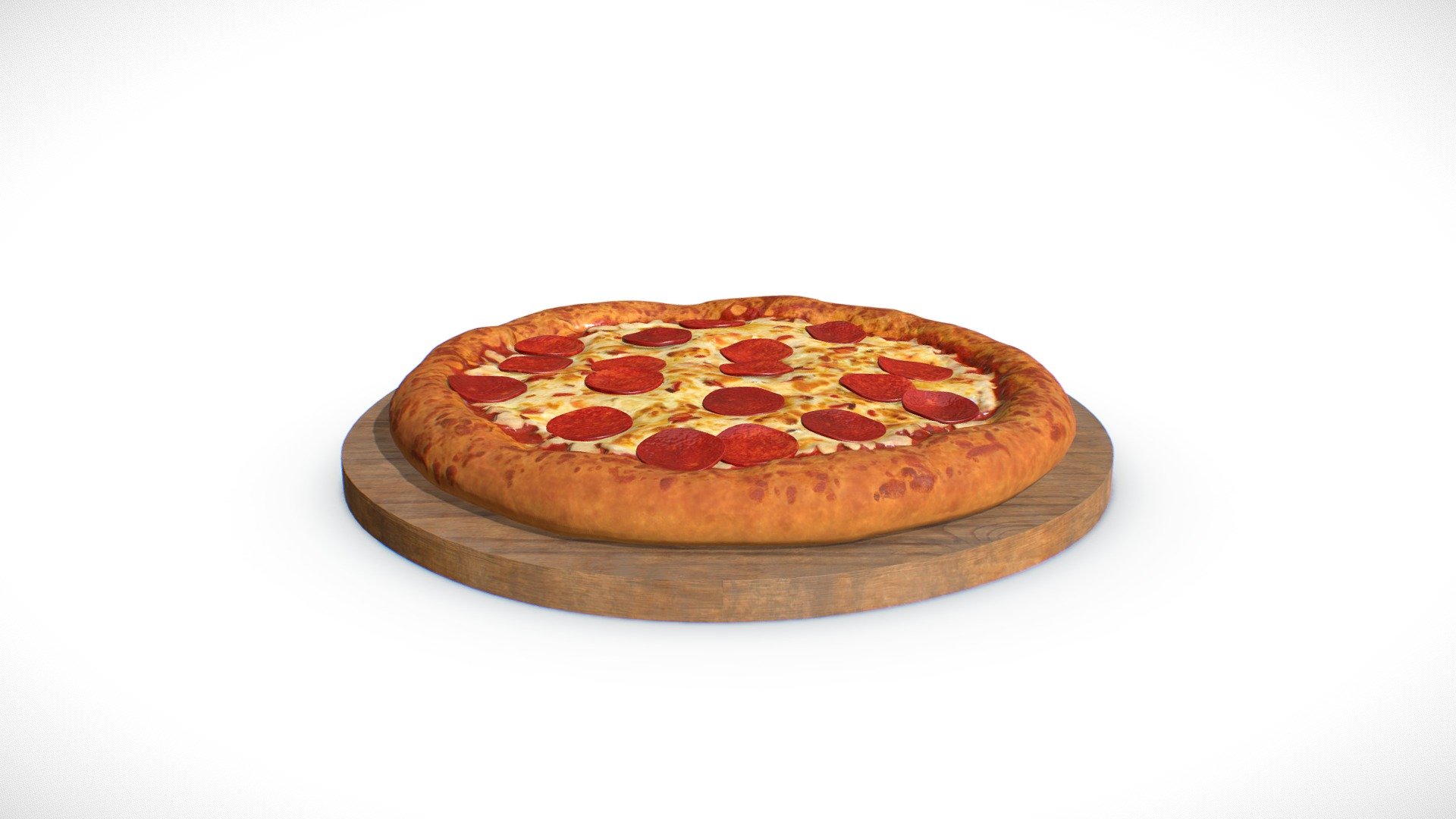 Pepperoni pizza on wooden cutting board.  Great for kitchen or restaurant interior scenes. 

All quad geometry 3d model