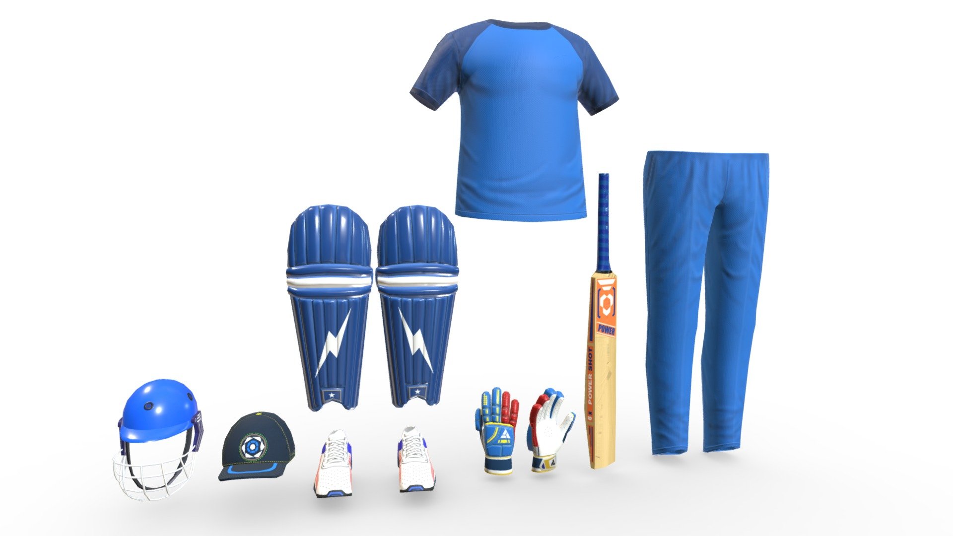 Cricket Equipments (T-shirt, Bat, Helmet, Shoes, Cap, lower and Stripes) - Cricket Equipments - Buy Royalty Free 3D model by YodhaGameStudio 3d model