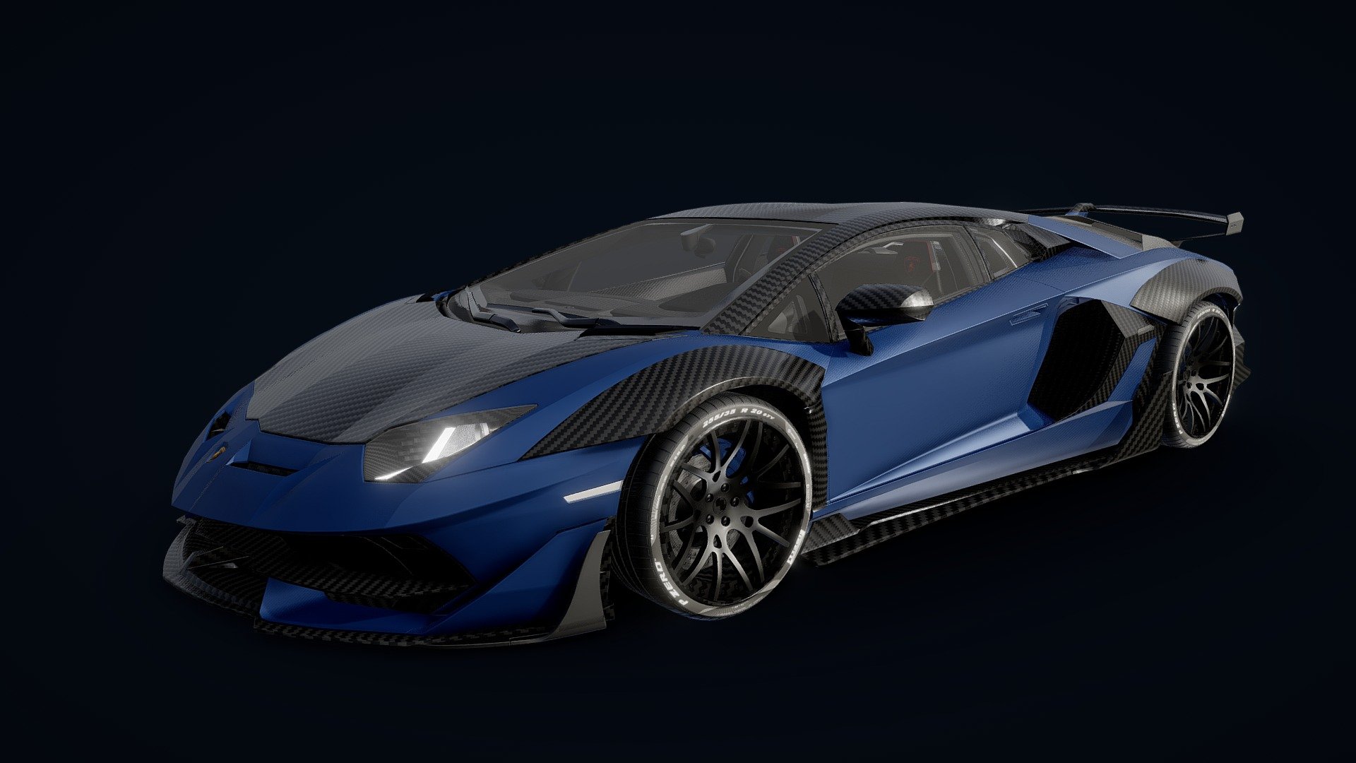 I know.. again the same model..
But this time with added interior!

Interior
https://sketchfab.com/3d-models/lamborghini-aventador-svj-blender-300-5933b82a092c4d6e82696bd380ada8c5by
from https://sketchfab.com/ultramirage10

Exterior
https://sketchfab.com/3d-models/aventador-svj-black-ghosttm-412e5ba4c1264a4fab97660ebc0695a4 
from https://sketchfab.com/3Duae

It got very messy with these two high detail models which both are not from me. But I didn't want to spend more time on this, as I don't have any plans with the model. I just think the Car looks cool :]
Also I am personaly more interestet in mid poly models with a efficient use of polys 3d model