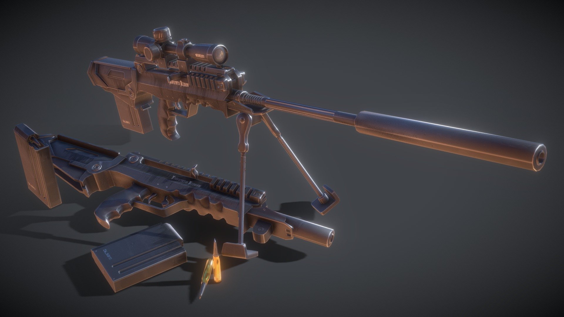 The Confutatis Requiem .50  is a french assault rifle used in the French Army form 1950 to1980. An exotic weapon not really known but quite original and intersesting in its way of folding. 
- 3D Model close to the original but partially reinterpreted 
- Proportions are partially respected compared to the original weapon 
- Optimised for Game engine (Tested on Unity 3D) 
- Some parts are separated from the main model for a better 3D animation usecase.

Made with Cinema4D Textured with ArmorPaint

//////////////// Model informations ////////////////

Points : 11351
Polygons : 14567
Objects: 32 (bullets and mobile parts included)
One material made of 4 Textures (20482048 px) for all the model  (Albedo (base), Normal, Metal, Rough*) - Confutatis Requiem .50 - 3D model by Gwenaël Hervé (@Gwenael_Herve) 3d model