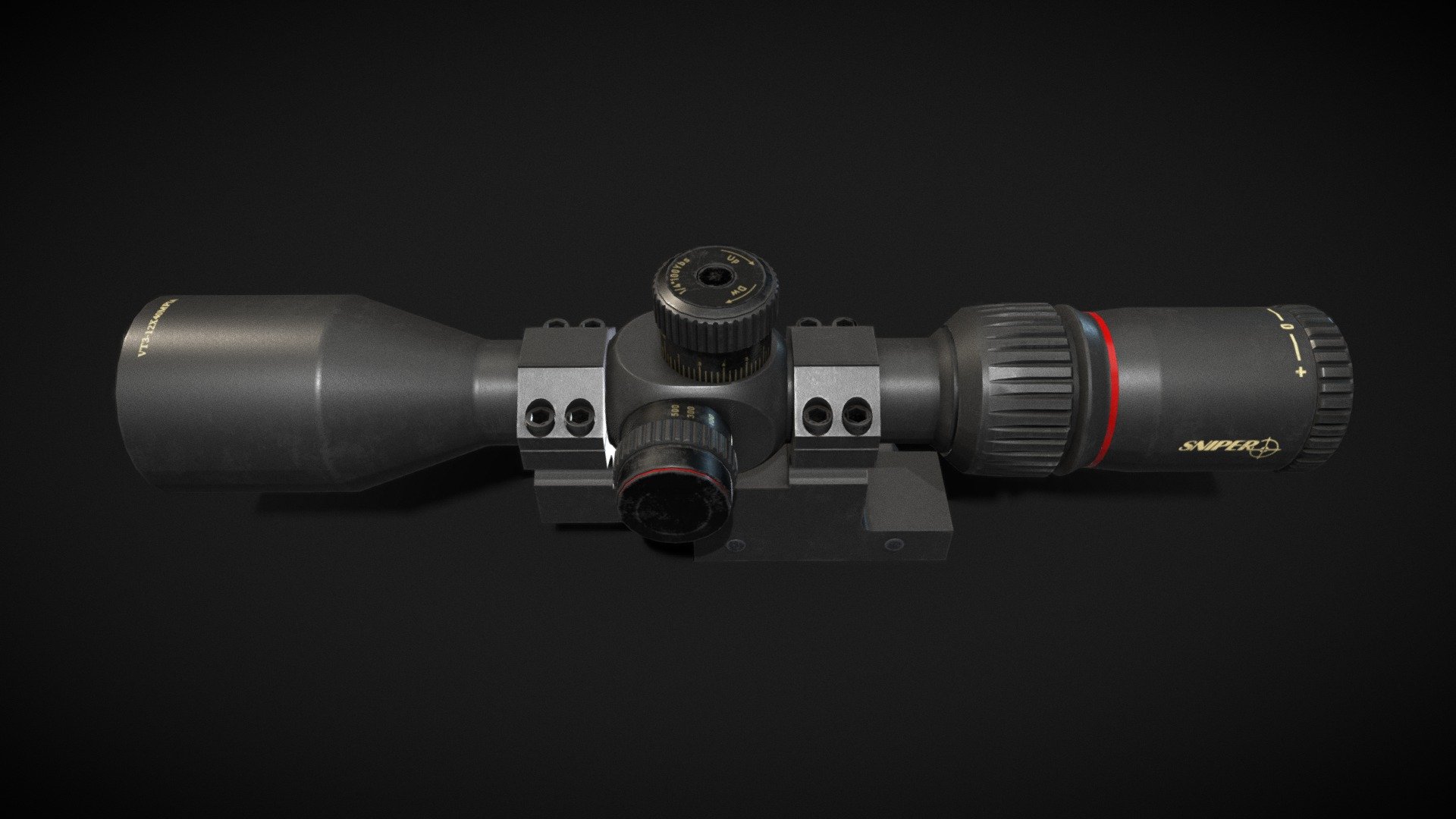 3D model of the VT 3-12X40 weapon scope made for sniper rifles.
This scope has a 12X zoom.

4K Textures 3d model