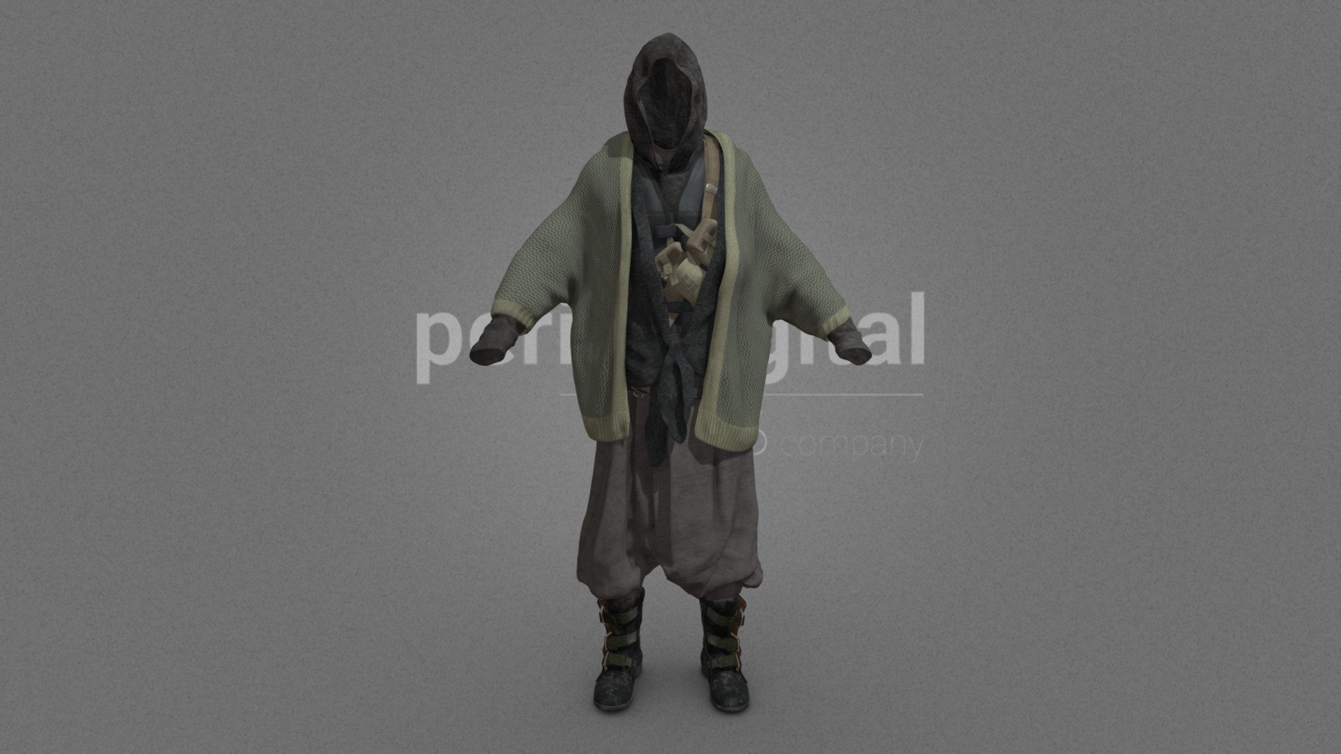 Dark gray hood, gray knitted cardigan, gray military vest with zipper and plastic buckles, dark gray knotted vest, gray turtleneck long sleeve shirt, beige shoulder bag with buckles, gray trousers, black leather military boots with buckles.




They are optimized for use in 3D scenes of high polygonalization and optimized for rendering.

We do not include characters, but they are positioned for you to include and adjust your own character.

They have a model LOW (_LODRIG) inside the Blender file (included in the AdditionalFiles), which you can use for vertex weighting or cloth simulation and thus, make the transfer of vertices or property masks from the LOW to the HIGH** model.

We have included the texture maps in high resolution, as well as the Displacement maps, so you can make extreme point of view with your 3D cameras, as well as the Blender file so you can edit any aspect of the set. 

Enjoy it.

Web: https://peris.digital/ - Wasteland Series - Model 10 - Buy Royalty Free 3D model by Peris Digital (@perisdigital) 3d model