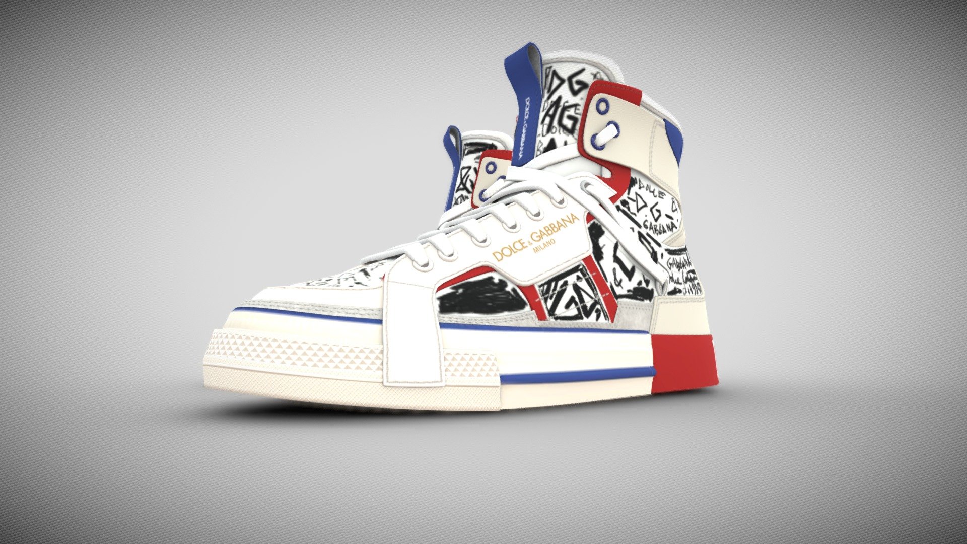Introducing Dolce &amp; Gabbana's &lsquo;Custom 2.Zero' high-top sneakers – a vibrant fusion of style and comfort. Crafted from premium leather, these lace-up kicks showcase a raised logo on the side and back. The multicolored rubber sole adds a playful touch, while the 3.5cm height ensures a fashionable lift. Step into luxury 3d model