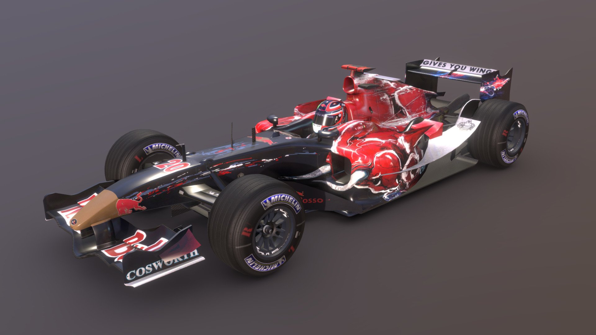 This game model of the Toro Rosso F1 car of 2006 was created for the CTDP F1 2006 mod.

History of the model: http://devblog.ctdp.net/2008/08/house-cleaning/
Making Of the textures: http://devblog.ctdp.net/2009/01/fattura-del-toro-rosso/ - Toro Rosso STR-01 (Canada 2006 Edition) - 3D model by Dahie 3d model
