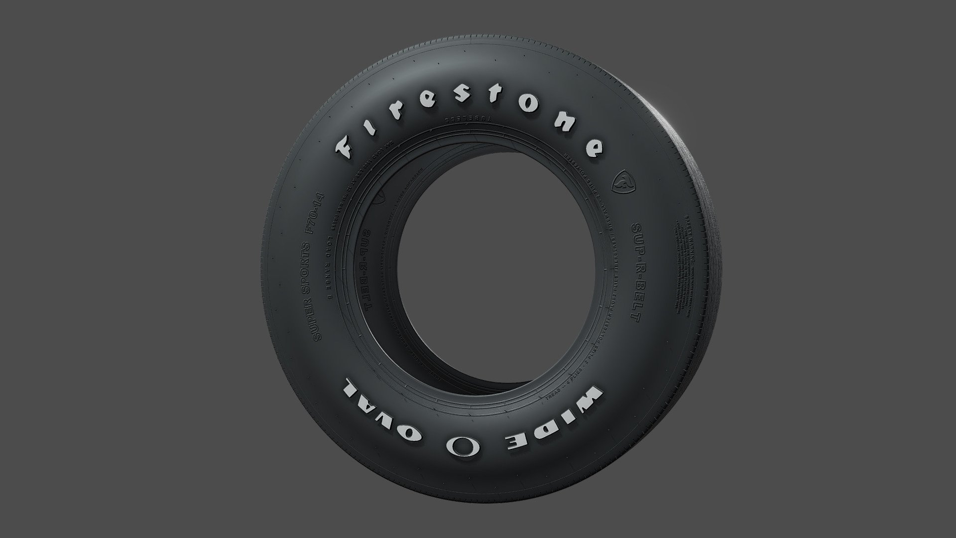 3D model of classic car tyre - Firestone F70 Wide Oval Radial. Two tyre sizes are included with this model - for 14 and 15 inch wheels. This iconic tyre will be perfect match for any American muscle car ofold era. Model is made precisely to real world dimensions and should fit perfectly on 14 and 15 inch wheels.




Materials are prepared for Corona renderer.

Model is partially unwrapped for correct placement of sidewall textures. Rest of the tyre is mapped with render-time triplanar mapping. Please keep this in mind if you plan to use the model outside of 3ds Max and Corona combo. Sketchfab preview doesn't show full texturing due to this limitation.
 - Firestone F70-14 Tyre - Buy Royalty Free 3D model by romullus 3d model