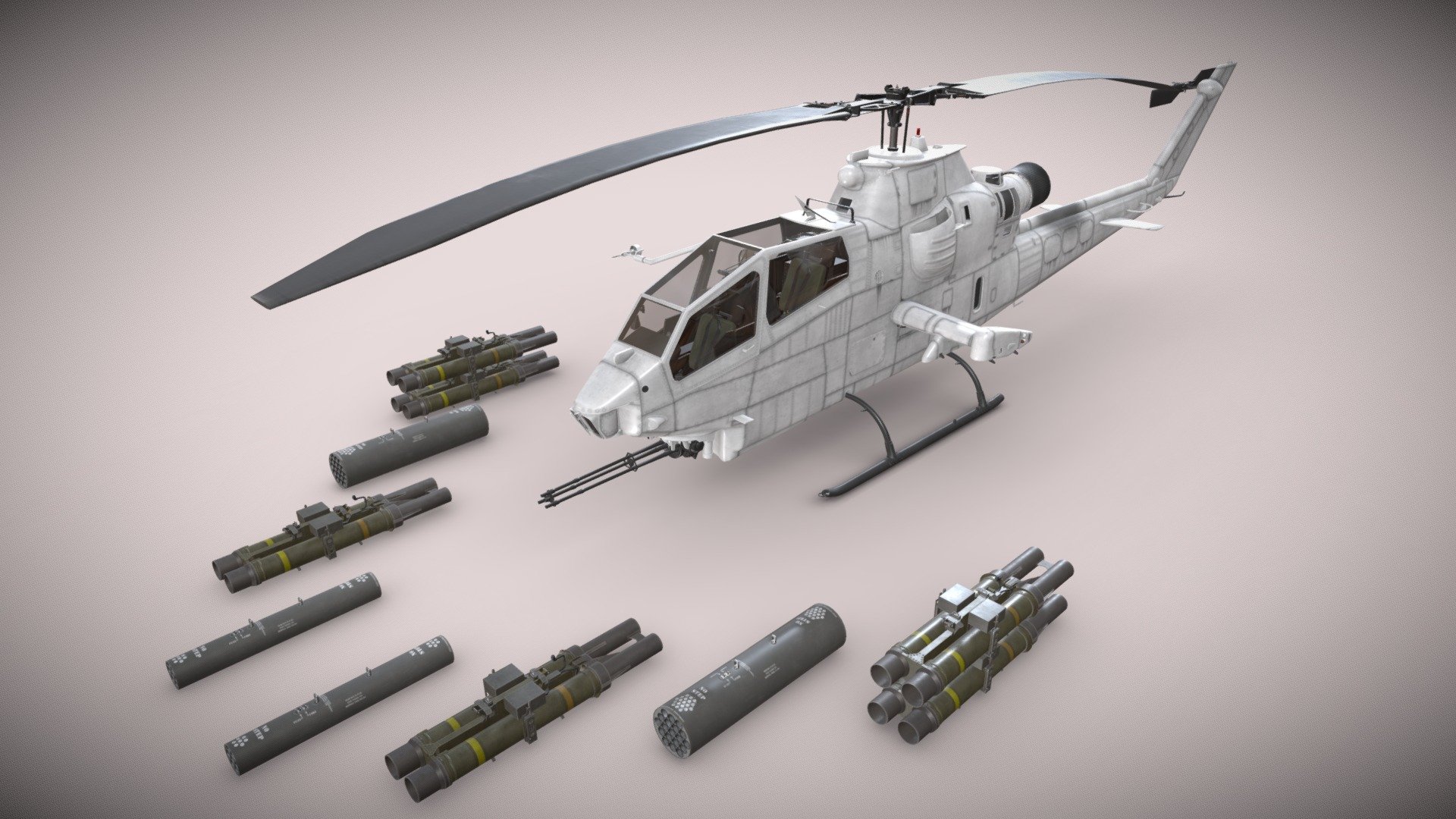 The Bell AH-1S Cobra is a single-engined attack helicopter
 

Basic and Complex Animation versions are available as seperate models (see my profile models)


File formats: 3ds Max 2021, FBX, Unity 2021.3.5f1



Weapon:


* - Launcher M-260 with Hydra 70 missiles 

* - Launcher M-261 with Hydra 70 missiles 

* - Missile Launcher BGM-71D TOW-2 X2 

* - Missile Launcher BGM-71D TOW-2 X4 



This model contains PNG textures(4096x4096):


-Base Color

-Metallness

-Roughness


-Diffuse

-Glossiness

-Specular


-Emission

-Normal

-Ambient Occlusion
 - Bell AH-1S Cobra Blank Static - Buy Royalty Free 3D model by pukamakara 3d model