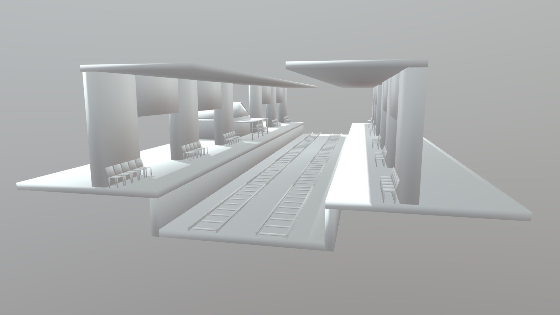 Primitive model train station.
Train house.
Train tracks.
Platforms.
Chairs.
Half roof 3d model