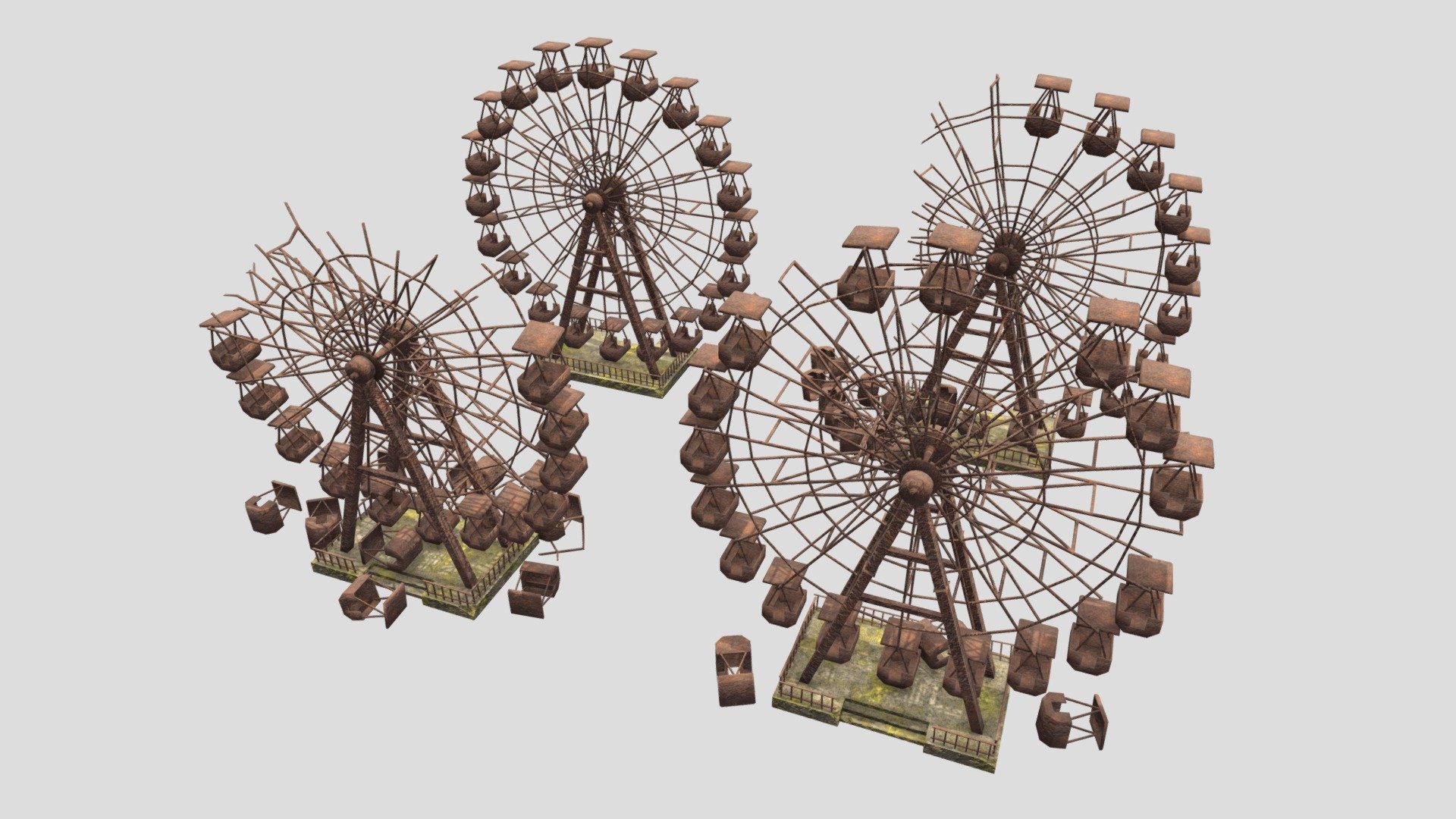 4 abandoned ferris wheels. Designed for post nuclear themes with ruined architecture. All materials and textures included. It's readily available to import in Unity3D and Ue4.


Textures png 2048x2048 (AO, Color,Heigh, Metallic, Normal, Roughness)

Included 3D formats: blend, fbx, obj, dae

1 Material

Pack Geometry Polygons 27200, Vertices 30800
 - Destroyed Ferris Wheels - 3D model by Crazy_8 (@korboleevd) 3d model