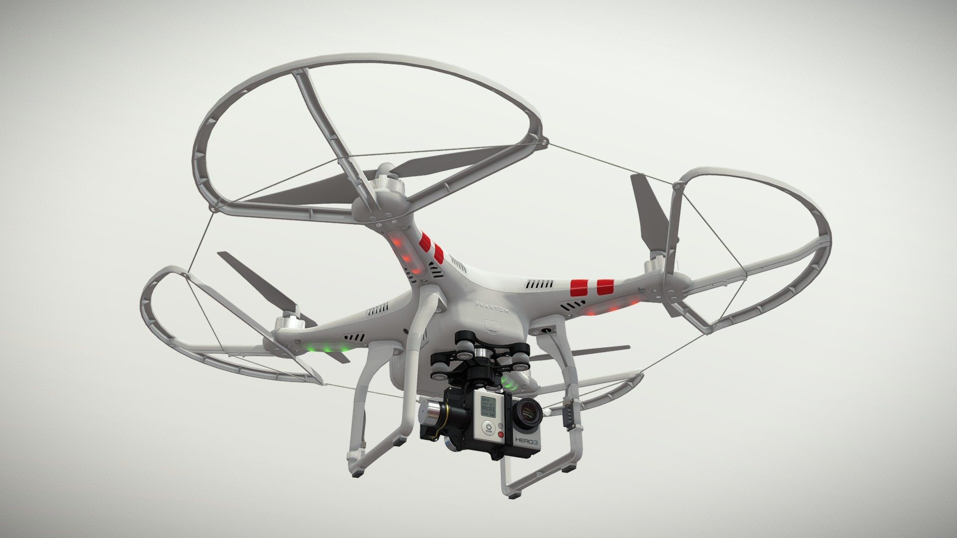 •   Let me present to you high-quality low-poly 3D model DJI Phantom 2 Quadcopter with Propeller Guard, Zenmuse H4-3D gimbal for GoPro Hero3-4 and GoPro HERO3 action camera. Modeling was made with ortho-photos of real quadcopter, camera and gimbal that is why all details of design are recreated most authentically.

•    This model consists of a few meshes, it is low-polygonal and it has four materials.

•   The total of the main textures is 14. Resolution of all textures is from 2048 to 4096 pixels square aspect ratio in .png format. Also there is original texture file .PSD format in separate archive.

•   Polygon count of the model is – 28961.

•   The model has correct dimensions in real-world scale.

•   To use the model in other 3D programs there are scenes saved in formats .fbx, .obj, .DAE, .max (2010 version).

Note: If you see some artifacts on the textures, it means compression works in the Viewer. We recommend setting HD quality for textures. But anyway, original textures have no artifacts 3d model