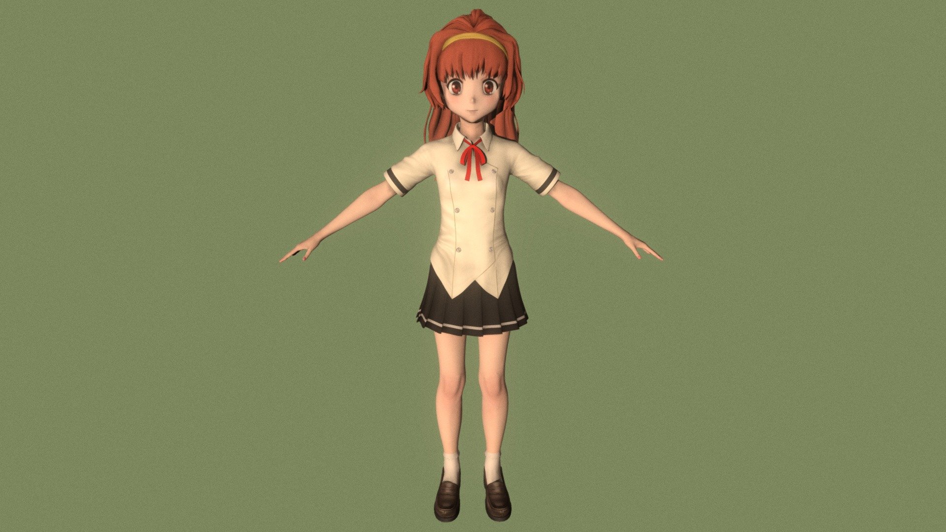 T-pose rigged model of anime girl Arisa Takanomiya  (Oniai). 

Body and clothings are rigged and skinned by 3ds Max CAT system. 

Eye direction and facial animation controlled by Morpher modifier / Shape Keys / Blendshape.

This product include .FBX (ver. 7200) and .MAX (ver. 2010) files. 

3ds Max version is turbosmoothed to give a high quality render (as you can see here). 

Original main body mesh have ~7.000 polys. 

This 3D model may need some tweaking to adapt the rig system to games engine and other platforms.

I support convert model to various file formats (the rig data will be lost in this process): 3DS; AI; ASE; DAE; DWF; DWG; DXF; FLT; HTR; IGS; M3G; MQO; OBJ; SAT; STL; W3D; WRL; X.

You can buy all of my models in one pack to save cost: https://sketchfab.com/3d-models/all-of-my-anime-girls-c5a56156994e4193b9e8fa21a3b8360b

And I can make commission models.

If you have any questions, please leave a comment or contact me via my email  3d.eden.project@gmail.com 3d model