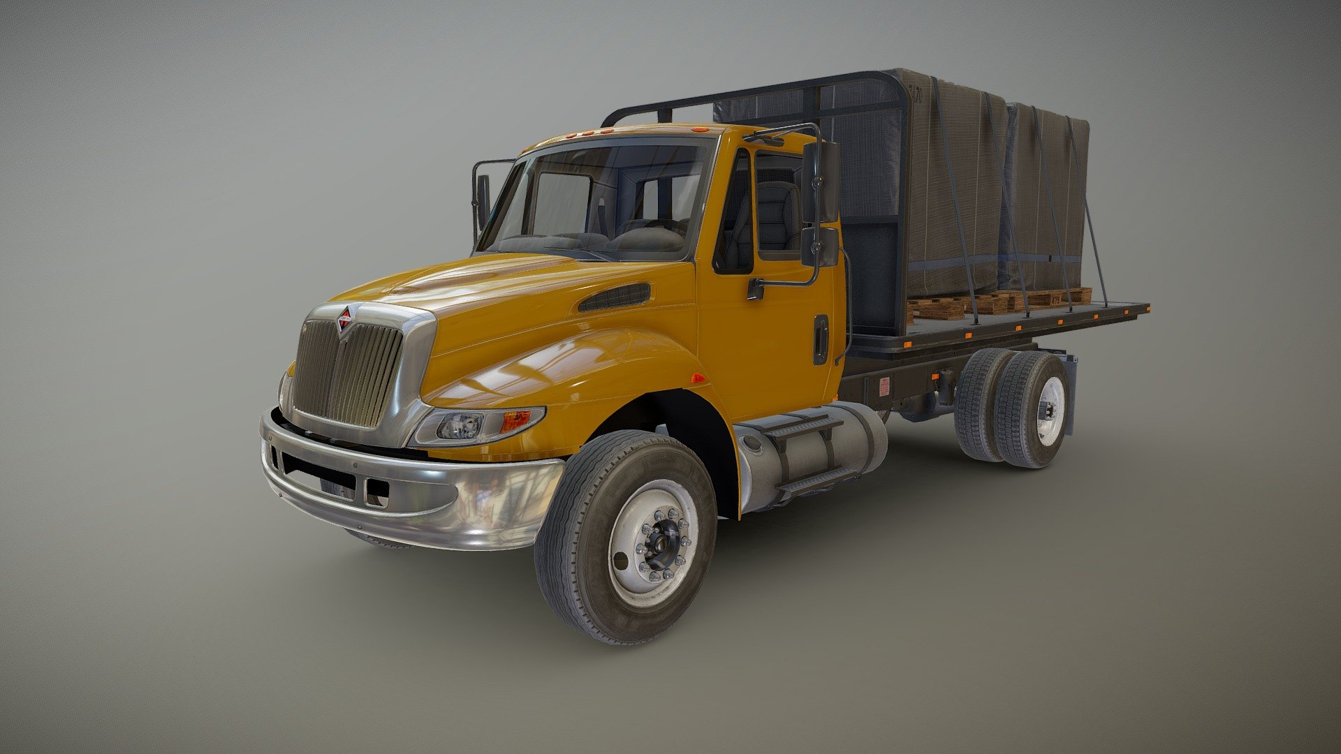 International Durastar flatbed truck game ready model.

Full textured model with clean topology.

High accuracy exterior model.

Different tires for rear and front wheels.

High detailed cabin - seams, chrome parts, wipers, mud flaps and etc.

High detailed rear suspension with axles and other parts.

Two textures for interior - black and brown.

Lowpoly interior - 3039 tris 1804 verts

Wheels - 10254 tris 6132 verts

Full model - 60499 tris 34990 verts.

High detailed rims and tires, with PBR maps(Base_Color/Metallic/Normal/Roughness.png2048x2048 )

Model ready for real-time apps, games, virtual reality and augmented reality.

Asset looks accuracy and realistic and become a good part of your project 3d model