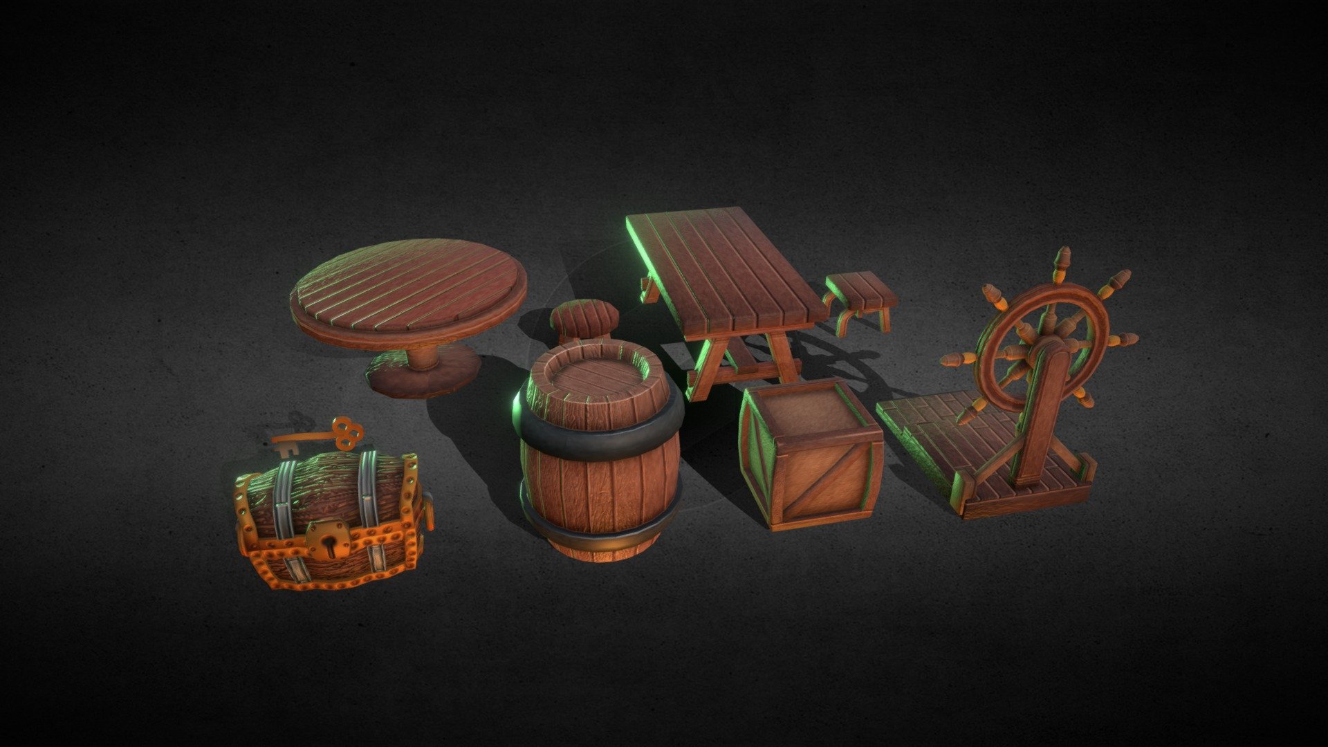 9 RPG top down style models, with warm jolly handpainted textures.


Barrel
Crate
Boat helm
Treasure chest + key
Round table
Round stool
Square table
Square stool

Individual FBXs available here:
https://alberto-luviano.itch.io/lowpoly-pirate-pack - Lowpoly Pirate  Pack - Download Free 3D model by Alberto Luviano (@AlbertoLuviano) 3d model