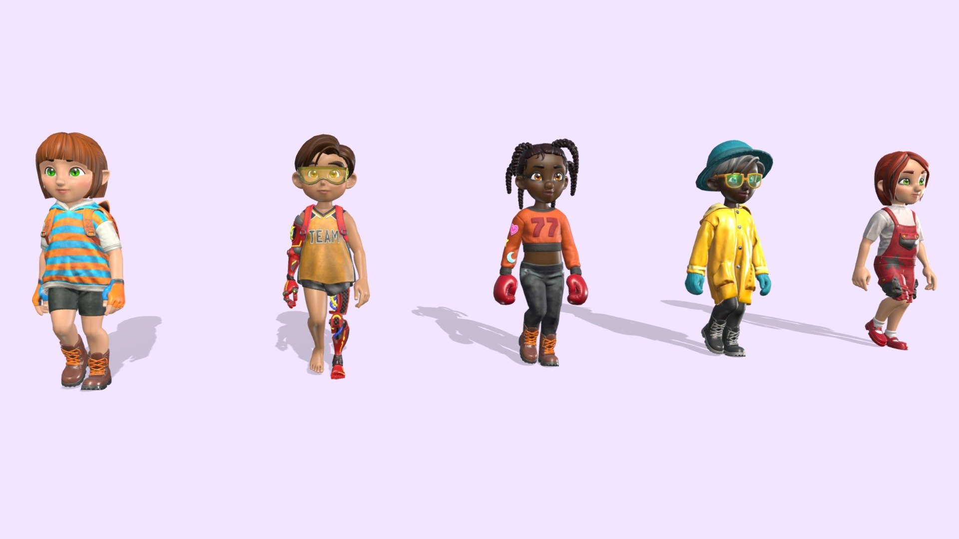Gazpacha, Wires, Nora, Urkel and Pepa Characters from the KEKOS package.

Ready to import in your preferred videogame engine or 3D software.

Characters included:

5

FORMAT:

FBX

POLYGON COUNT:

~31k Triangles average each character

TEXTURES:

PBR Textures: Diffuse + Normal map + Metallic (R) / Smoothness (A) / Ambient Oclussion (G) + Emmisive

Size: 2048x2048 for most of the assets. A few 4096x4096 for detailed parts.

PNG format

Prerenderer icons for garments, hair, eyes, skin and complements.

RIG:




Full human rig.

27 blendshapes for face expresions.

ANIMATIONS:




Idle

Walk

Run

Jump

Jump Inplace

Jump In Air Inplace

Dance

Punch

Punch Idle

Preview all animations in a single character model: Keko link - KEKOS - 5 Characters Pack - Buy Royalty Free 3D model by Mameshiba Games (@MameshibaGames) 3d model
