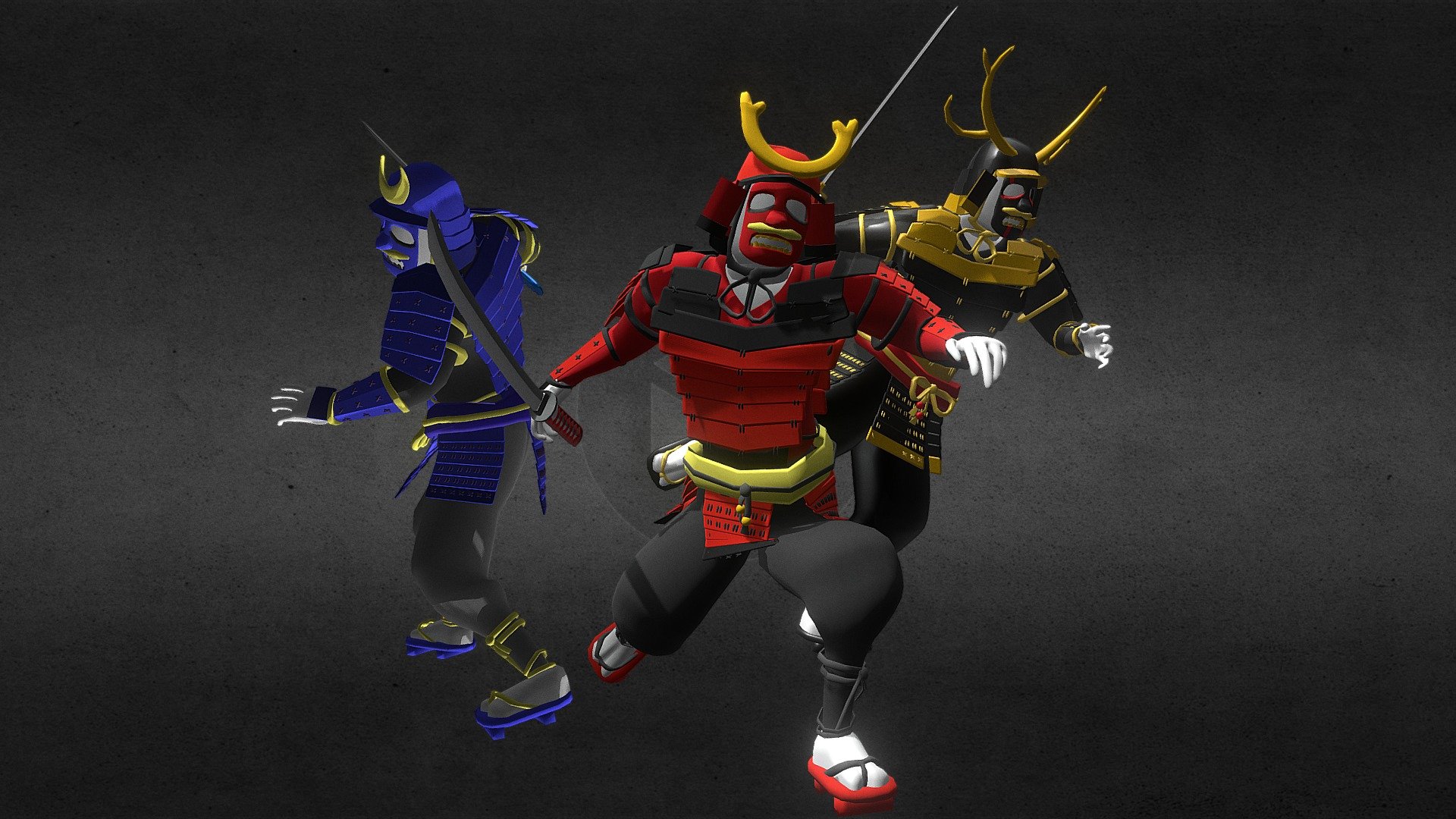 We introduce you to the male enemies of our game.
They are a mixture of several Japanese legends and the artistic freedoms of GHXST:
Samurais, noppera-bō, yūrei and nō theater mask.
All made with 3DS Max 3d model