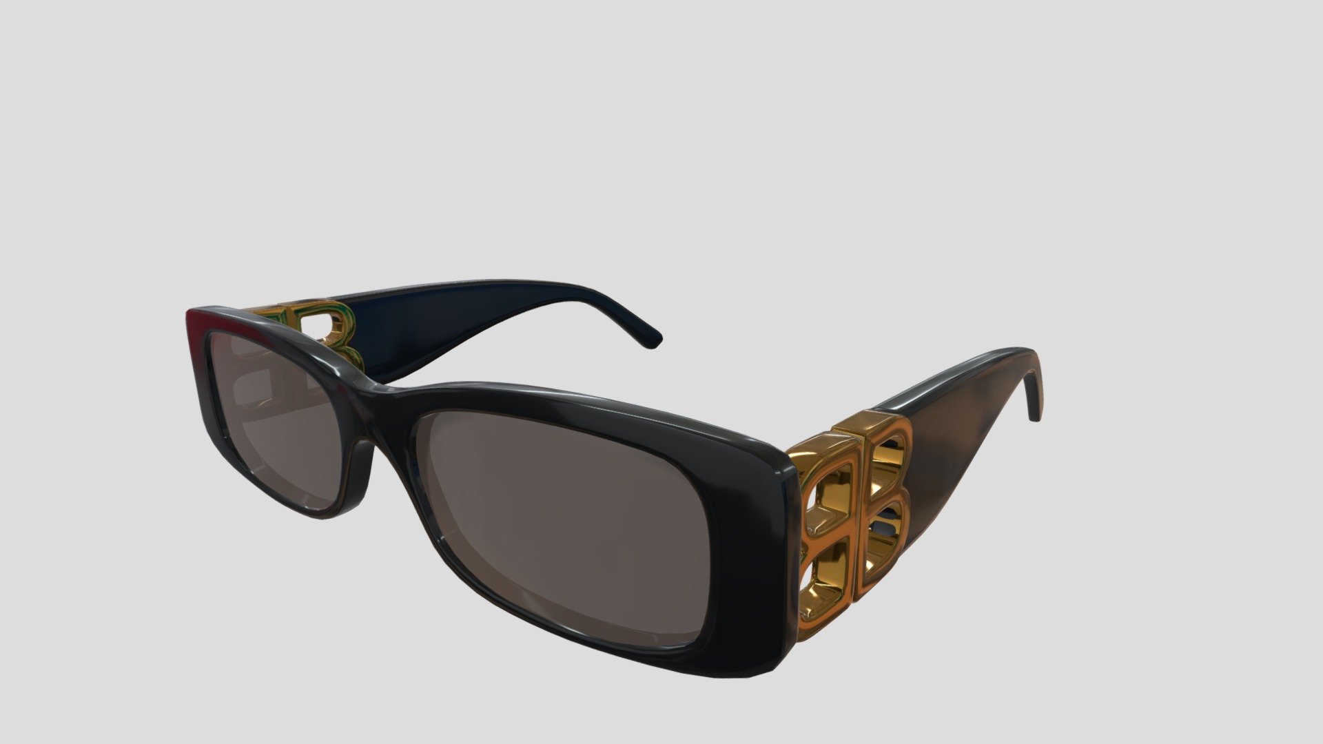 High-quality low poly model of fashion sunglasses with black plastic frame and gray lenses. Ideal for close-up renders and photo-realistic scenes 3d model