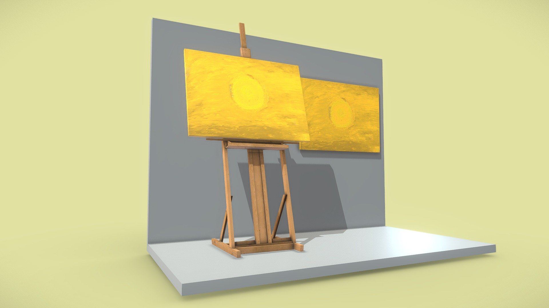 Yellow Circle / Gelber Kreis 

Painted by Dirk John 2014.



Picture format:




7:5



Object details: 

Oil Painting:




Quads 110

Triangles 220

Vertices 112

Edges 220

Easel:




Quads 131

Triangles 246

Vertices 176

Edges 272

Wall and floor:




Quads 10

Triangles 20

Vertices 12

Edges 20



** PBR texture maps:** 




4096 x 4096 



3D-Model-Formats:   




VRML (.wrl, .wrz) 

X3D (.x3d) 

3D Studio (.3ds) 

Collada (.dae) 

DXF (.dxf) 

Autodesk FBX (.fbx) 

Agisoft Photoscan (.ply) 

Stereolithography (.stl) 

OBJ (.obj, .mtl) 

Blender(.blend) 2.79b and 2.8

DirectX (.X)

Blender 2.82 and 2.79b
 - Oil Painting - Yellow Circle - Buy Royalty Free 3D model by VIS-All-3D (@VIS-All) 3d model