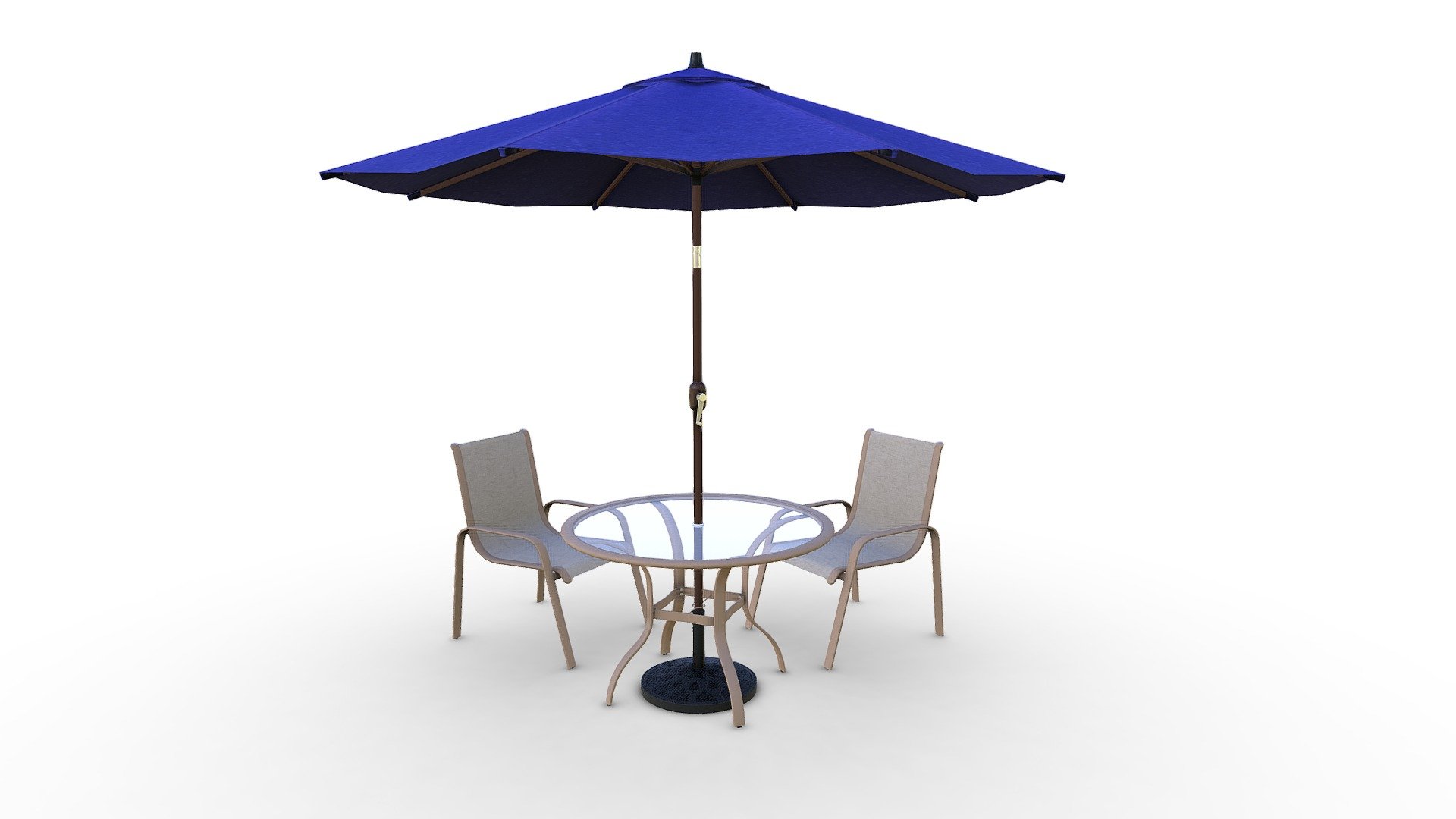 Two patio chairs, a patio table, and an umbrella 3d model