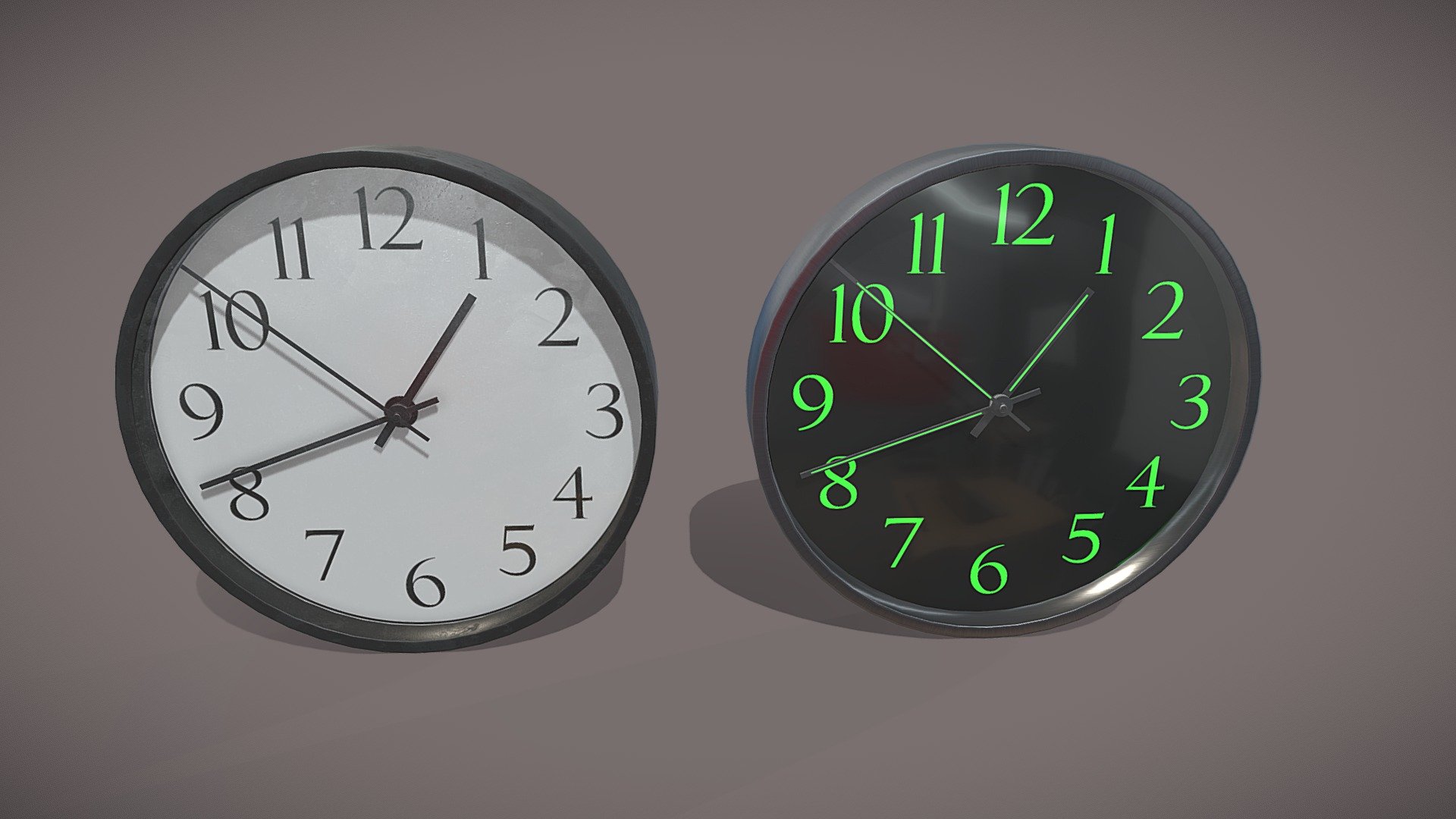 A pair of simple generic wall clocks.  Perfect prop to use in different sort of interior environments. 




Black frame with white watch face, glass front with smudges.

Steel frame with black clock face with illuminating hand dials,  clean glass front.

PBR textures @4k - Generic wall clocks - Buy Royalty Free 3D model by Sousinho 3d model