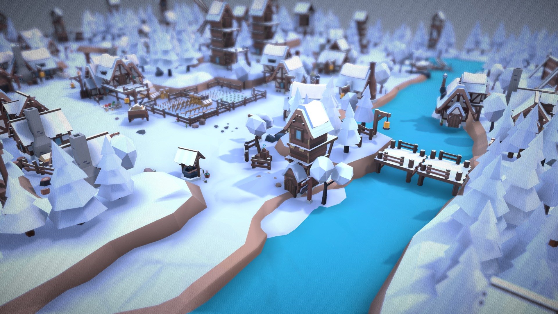 Tarbo - Fantasy Village
A low poly asset pack of Fantasy themed polygonal style game.
Modular parts are easy to piece together in a variety of combinations.
This product is designed to TopDown, RPG, Adventure, RTS.
You can create beautiful, diverse villages of your own.


Download

FEATURES



485 Useful prefabs

3 Color themes (6 colors with snow version) + 1 autumn version

57 Modular building parts

37 Premade buildings

26 Grounds

216 Props

149 Environment objects

11 Scenes in Various Styles

Lightmap Support

Simple polygonal style

Optimized meshes useful for mobile, AR, VR, PC

Works in Unity 2019.4 and above

Support Universal Render Pipeline (URP)


UPDATES &amp; NEWS



WEBSITE
 - Fantasy Village "Riverside Village Winter" - 3D model by Tarbo Studios (@tarboStudios) 3d model