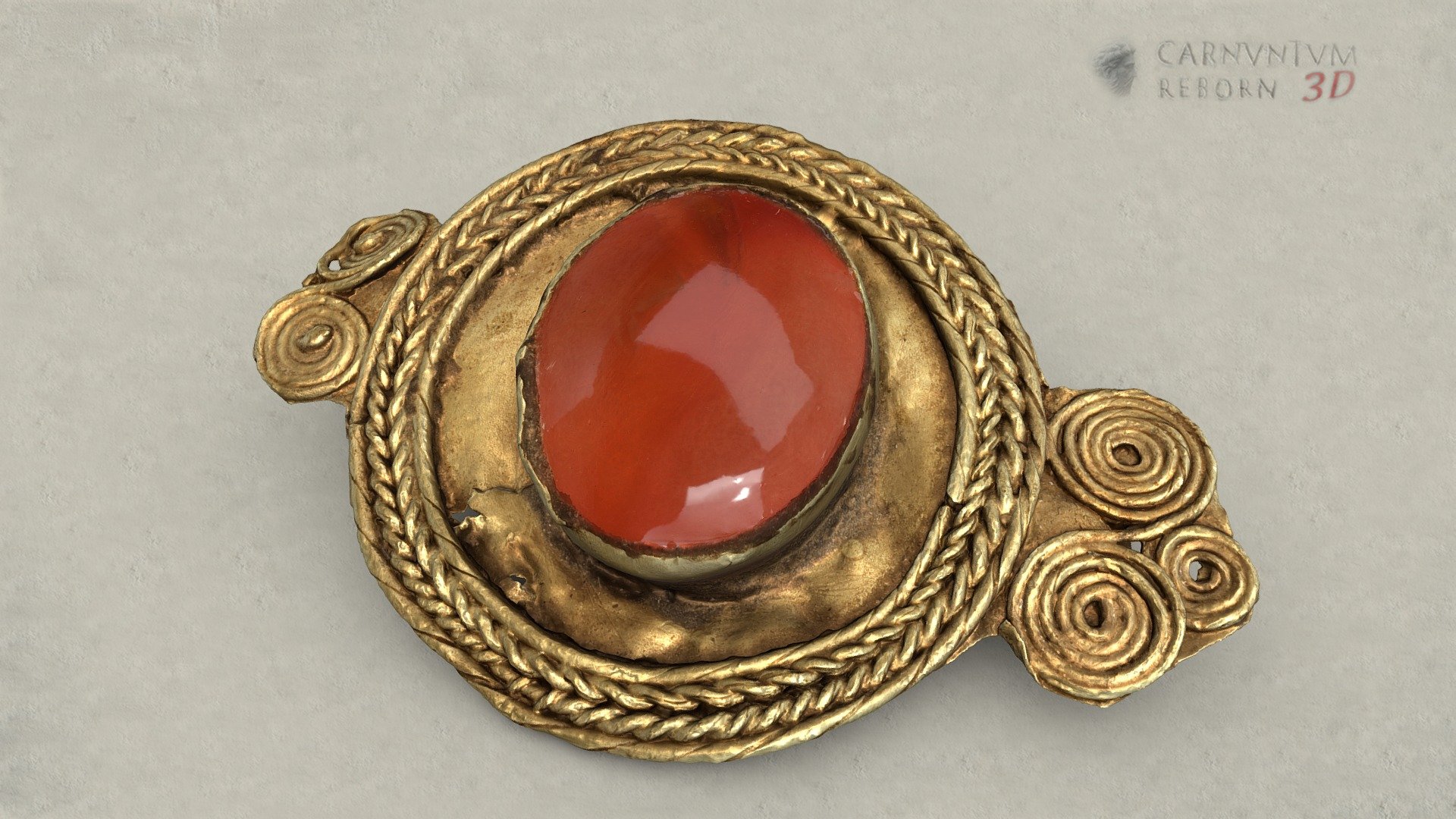 Roman fibula with flat disc with side projections (spiral decoration). The edge of the disc is set with simple or braided gold wire. High box setting with orange-red gemstone (carnelian). Needle construction soldered on the back. Gold, carnelian; l 3,2 cm; End of 2nd - beginning of 3rd century AD.

Model: © Landessammlungen Niederösterreich, Niederösterreich 3D - Fibel - 3D model by noe-3d.at (@www.noe-3d.at) 3d model