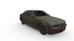 Imperfect-black-bmw-e36 abandoned, muscle, retro, wreck, rusty, damaged, old, wrecked, deserted, low-poly, game, car, environment