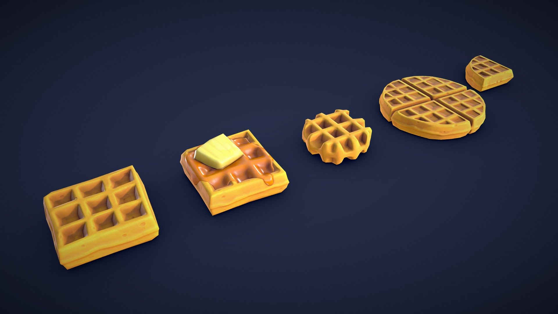 Are you looking for some delicious waffles to spice up your project? Look no further than this 3D asset pack, which includes 5 different stylized waffles. All models are low-poly and optimized for performance and quality. Whether you’re creating a bustling bakery scene or adding a unique touch to your game environment, these assets will add some detail to your project!🧇

Model information:




Optimized low-poly assets for real-time usage.

Optimized and clean UV mapping.

2K and 4K pbr textures for the assets are included.

Compatible with Unreal Engine, Unity and similar engines.

All assets are included in a separate file as well.
 - Stylized Waffles - Low Poly - Buy Royalty Free 3D model by Lars Korden (@Lark.Art) 3d model