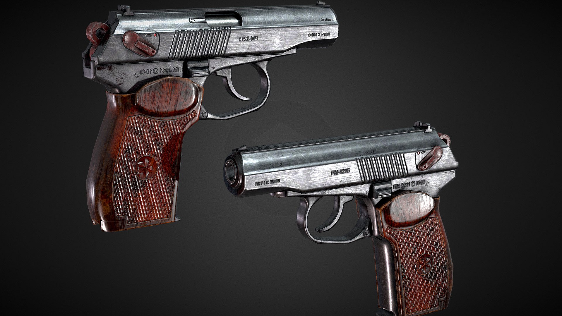 Makarov PM Pistol, Optimized for mobile/Standalone VR applications with a polycount of 2001Tris

The version to the right has a single 1024x1024 texture while the Left is the 4096x4096 Version. The 1024x1024 version suffers a little bit due to sketchfab texture compression but should look cleaner in your target engine if compression quality is set to high or none.

Note that the model features partially mirrored UVs in order to increase the pixel density.

For correct rotations in Unity engine you might need to tick the “Bake axis conversion” import option when importing the FBX.

Note that an additional 128x128 texture set is used for the 9x19mm Bullets inside the weapon on the right version while the left one uses a 1024x1024 texture for the bullet.

Files include 1k and 4k textures for Unity, Unreal Engine as well as Metallic Roughness, Please comment down if you need a different pbr environment and it will be added if possible 3d model