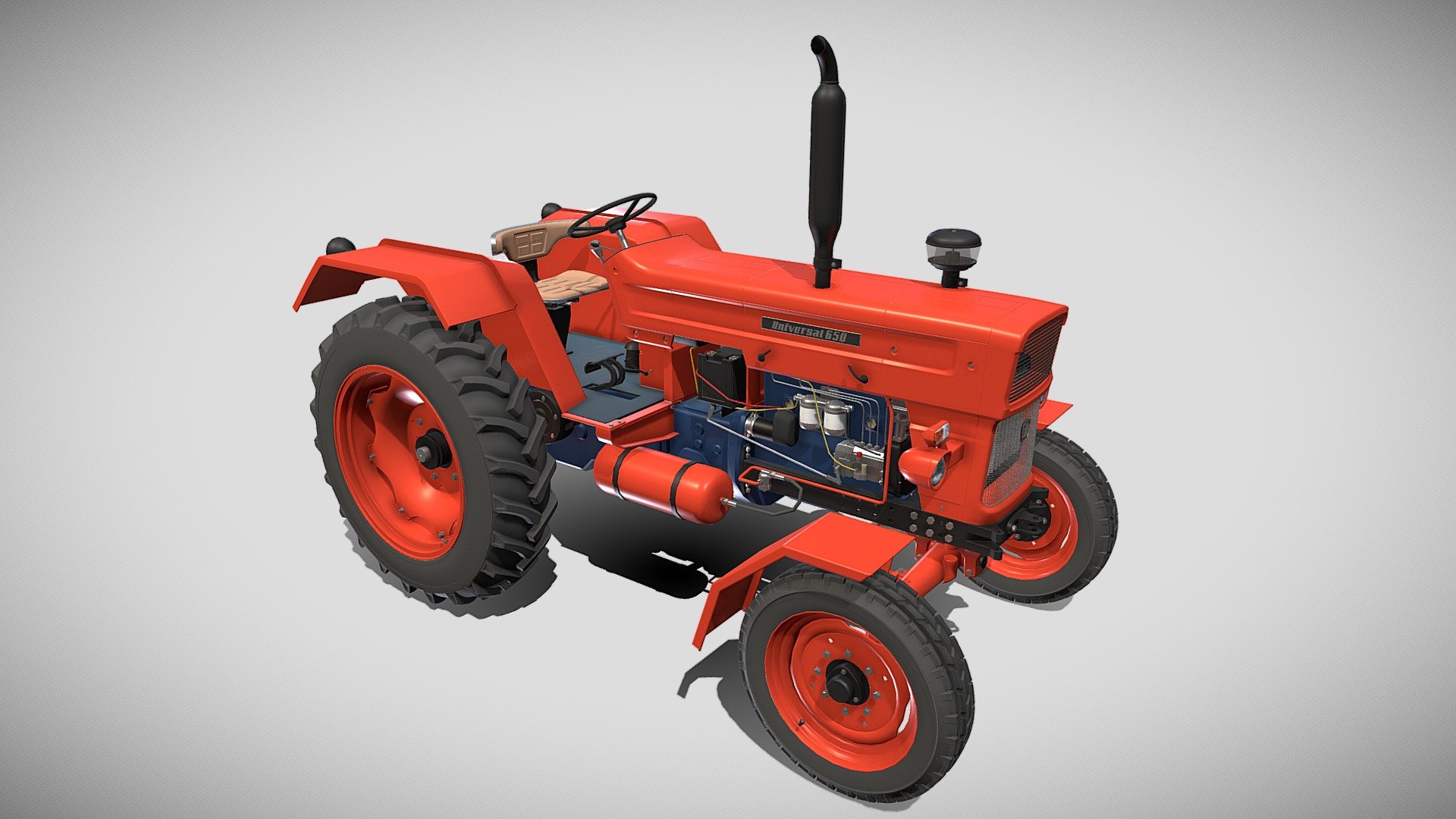 Highly detailed Tractor 3d model rendered with Cycles in Blender, as per seen on attached images.

The model is very intricately built, it has the transmission and engine, with cooling for oil and water, injection pump, fuel lines, compressed air circuit, electric circuit modeled. Some of these elements cannot be seen on the main renders, so I have also rendered the chassis in order to showcase them.

The 3d model is scaled to original size in Blender.

File formats:
-.blend, rendered with cycles, as seen in the images
-.obj, with materials applied
-.dae, with materials applied
-.fbx, with materials applied
-.stl
Files come named appropriately and split by file format.

3D Software:

The 3D model was originally created in Blender 2.8 and rendered with Cycles.

Materials and textures:

The models have materials applied in all formats, and are ready to import and render, note that some minimal adjustments might be needed to look best in the renderer of choice.

The models come with one png texture 3d model