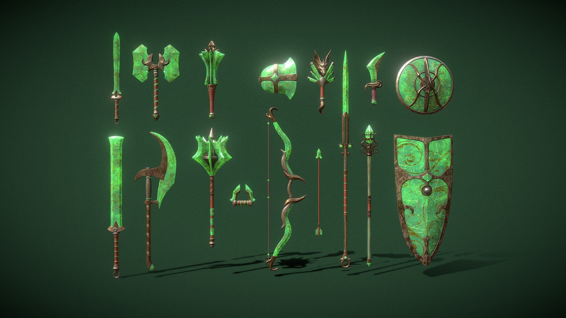A set of fantasy Jade weapons.

The set consists of sixteen unique objects.

PBR textures have a resolution of 2048x2048.

Total polygons: 52398 triangles; 26738 vertices.

1) Sword (one-handed) - 2044 tris

2) Sword (two-handed) - 3248 tris

3) Mace (one-handed) - 3556 tris

4) Mace (two-handed) - 5112 tris

5) Ax (one-handed) - 2604 tris

6) Ax (two-handed) - 2004 tris

7) Lance - 3188 tris

8) Dagger - 2660 tris

9) Brass knuckles - 1708 tris

10) Bow - 5084 tris

11) Staff - 6708 tris

12) Scepter - 4144 tris

13) Shield (small) - 2002 tris

14) Shield (medium) - 3808 tris

15) Shield (great) - 3800 tris

16) Arrow - 728 tris

Archives with textures contain:

PNG textures - base color, metallic, normal, roughness, opacity, glow

Texturing Unity (Metallic Smoothness) - AlbedoTransparency, MetallicSmoothness, Normal, Emission

Texturing Unreal Engine - BaseColor, Normal, OcclusionRoughnessMetallic, Emissive - Fantasy Jade Weapon Set - 3D model by zilbeerman 3d model