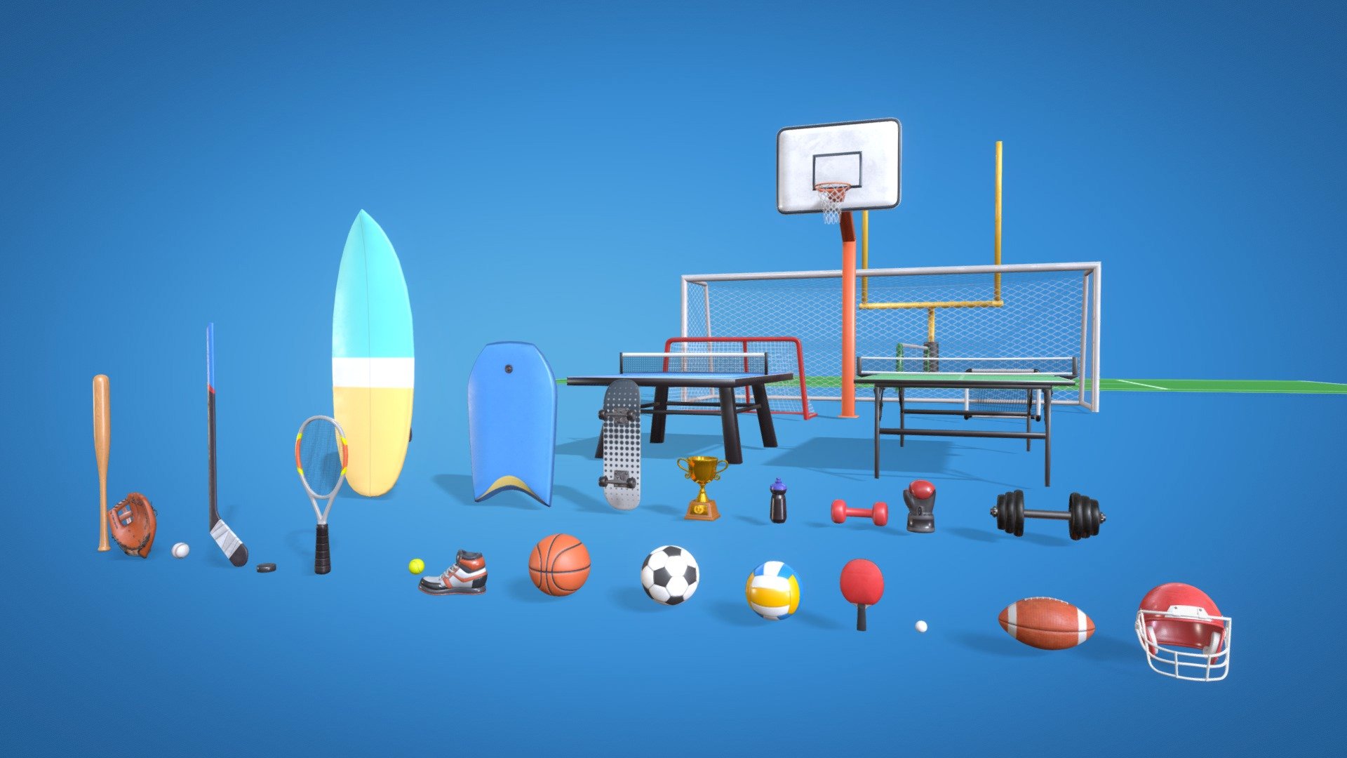 Immerse yourself in the thrilling world of sports with our latest 3D Sports Pack. This comprehensive collection features a variety of stylized 3D models spanning basketball, ping-pong, football  soccer, baseball, boxing, american football, surfing, and more! Perfect for injecting a touch of creativity into your projects, whether they're video games, motion graphics videos, advertising campaigns, short films, etc.

Transform your creative endeavors with Estudio Shout’s 3D Sports Pack – where the spirited world of sports meets the charm of stylized 3D design.



PRODUCT INFORMATION




31 unique models

Formats: FBX, OBJ and .blend

31 PBR texture sets in 4k resolution

Please download the provided .zip file &ldquo;Sports_Pack_Sketchfab.zip