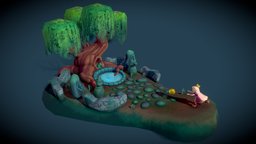 The Frog Prince: Fairytale Scene tree, ruins, princess, frog, fairytale, substancepainter, substance, handpainted, stylized, fairytalechallenge