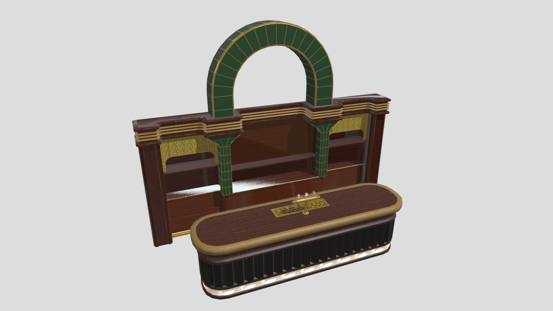 This bar mimics the Art Deco design of the 1920s. The bar has been designed to be used as an interactive piece inside VR. All taps have independent pivit points and the shelf are separate meshes. This asset has been used in the Creator Jam New Year celebration in 2023. The whole world features a lobby with seats, a music player, an interactive bar and a VR drown show which was created by using the Skybrush Suite.

This item has been created for the Creator Jam New 2023 Years Eve party in NeosVR.

Wood Texture: CC0: Wood Table 001 - polyhaven.com 
Gold Texture: CC0: Metal 007 - ambientcg.com - Art Deco Bar - Download Free 3D model by Rixx (@rixx_vr) 3d model