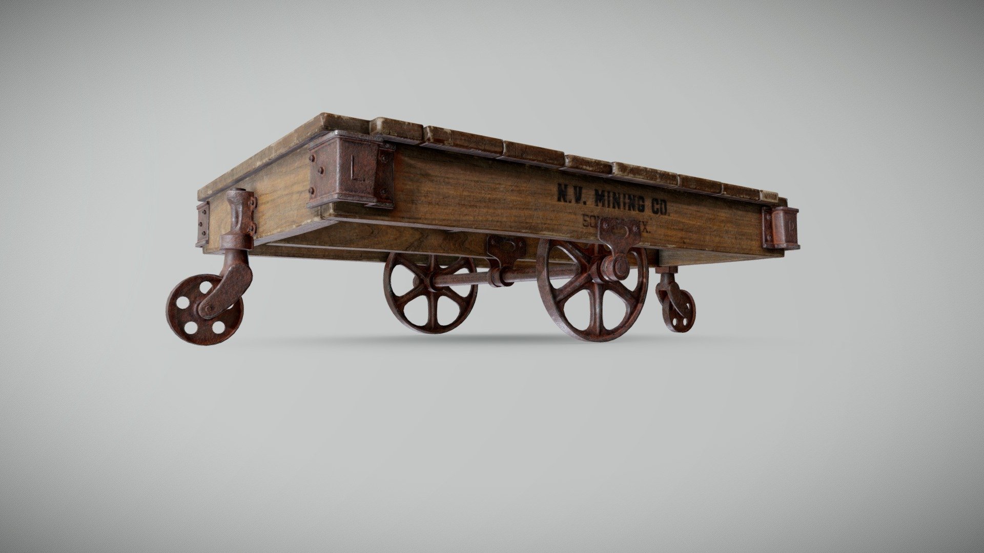 Mining Cart Coffee Table for industrial decor.

Materials:

Weathered Wood Planks with Rusted Steel.

You can request some variation of materials if necessary

GEOMETRY:

Medium Poly: 32,676 Faces(All Quads)/33,095 Verts/65,354 Tris.

Units: Meters

Correct real scale.

Dimensions: H0.35 x L1.48 x W0.834

PBR Workflow: Includes high quality maps 4k resolution.

Metallic-Roughness:




BaseColor

Metallic

Roughness

Normal

Height

Ambient Oclusion

Specular-Glossiness:




Diffuse

Reflection

Glossiness

Ior

Normal

Height
For Vray or Corona.

Formats:




.Blend(Native) Cycles and Eevee ready

.Obj

.Fbx

No lights included - Mining Cart Coffee Table - 3D model by NoelVillalobos 3d model