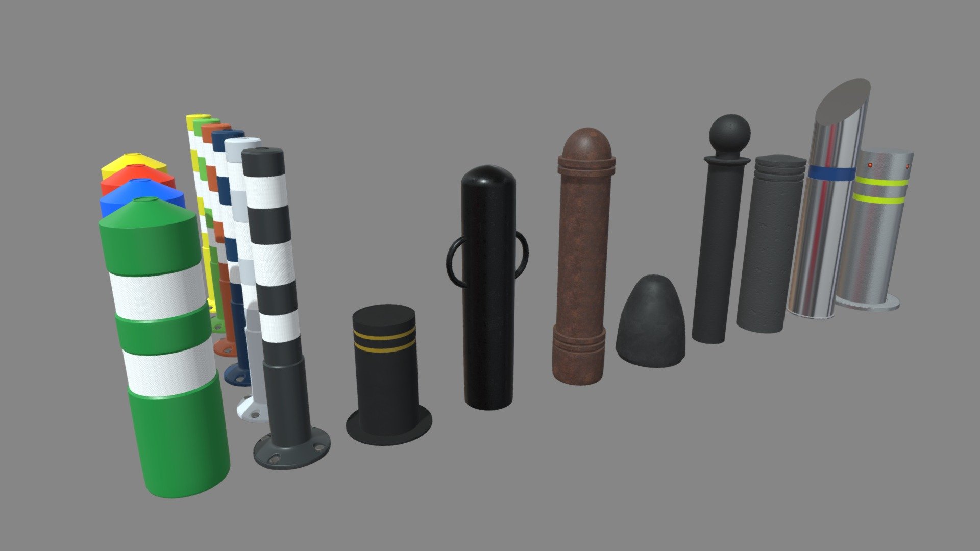 This model contains a Bollards Pack based on real bollards which i modeled in Maya 2018 and texturized in Substance Painter.

Every Bollard will have textures, fbx, obj, mb, dae, blend and substance files and will be separated in 4 different UVs.

This pack is separated in 4 UV's:

Bollards 01
Bollards 02
Bollards 03 04 05 06
Bollards 07 08 09 010

These models will be part of a huge city elements pack which will be added as a big pack and separately on my profile.

If you need any kind of help contact me, i will help you with everything i can. If you like the model please give me some feedback, I would appreciate it.

Don’t doubt on contacting me, i would be very happy to help. If you experience any kind of difficulties, be sure to contact me and i will help you. Sincerely Yours, ViperJr3D - Bollards Pack - Buy Royalty Free 3D model by ViperJr3D 3d model