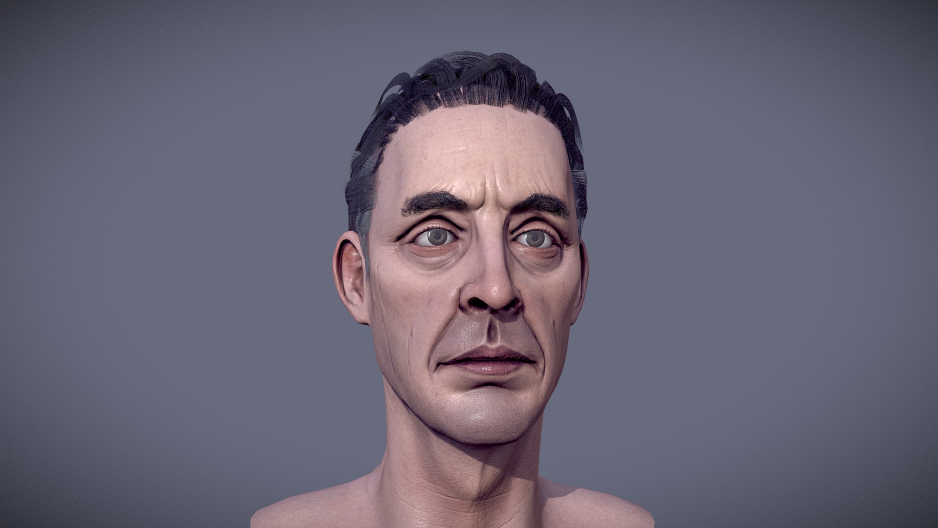 A bust study of Dr. Jordan B. Peterson. Through this study, I learned a lot about creating convincing skin textures, as well as how to work with hair cards. I'll still probably update the hair cards at some point, since they're not quite where I want them to be at just yet 3d model