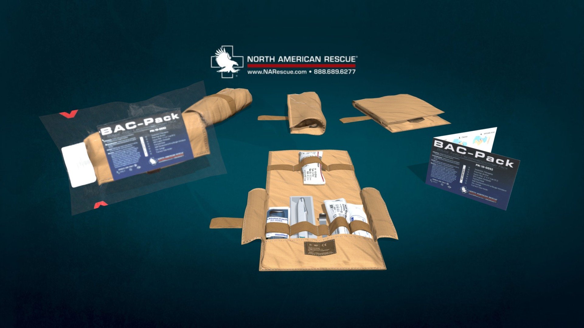 https://www.narescue.com/bac-pack-bougie-aided-cricothyroidotomy-pack.html

The North American Rescue Bougie-Aided Cricothyroidotomy Pack (BAC-Pack™) is a comprehensive solution that allows the user to perform a surgical cricothyroidotomy in any environment. With the components arranged by order of use and organized with elastic loops, the BAC-Pack™ is an easy-to-use kit in a small pouch made of durable 500D nylon 3d model