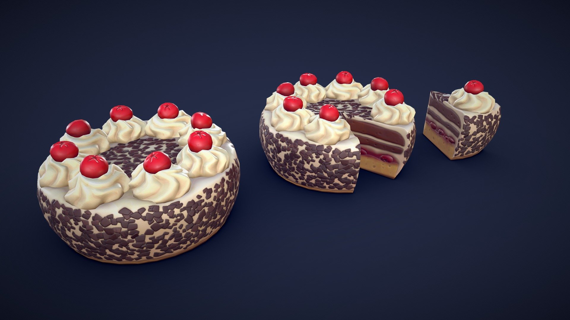 Are you looking for a delicious black forest cake to spice up your project? Look no further than this 3D asset pack. All models are low-poly and optimized for performance and quality. Whether you’re creating a bustling bakery scene or adding a unique touch to your game environment, these assets will add some detail to your project!🍰

Model information:




Optimized low-poly assets for real-time usage.

Optimized and clean UV mapping.

2K and 4K pbr textures for the assets are included.

Compatible with Unreal Engine, Unity and similar engines.

All assets are included in a separate file as well.
 - Stylized Black Forest Cake - Low Poly - Buy Royalty Free 3D model by Lars Korden (@Lark.Art) 3d model